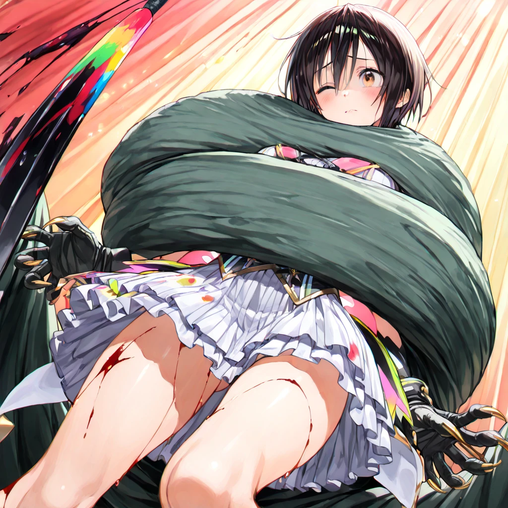 One girl, alone, (8k, High resolution, Highest quality, masterpiece:1.1), (whole body:1.2),  (From above:1.2), look up, View your viewers,
Illustration of a girl,
 Age regression, Suddenly it got smaller , ( Larger clothes:1.1), 
(surprised:1.1), Are standing, Combat Stance, In the garden, Outdoor, Detailed Background, 
break
Tifadev, Long hair tied low, Black Hair, Red eyes, Straight hair, White tank top, Suspender skirt, Knee socks, Fingerless gloves, Elbow pads, jewelry, Earrings, abdomen