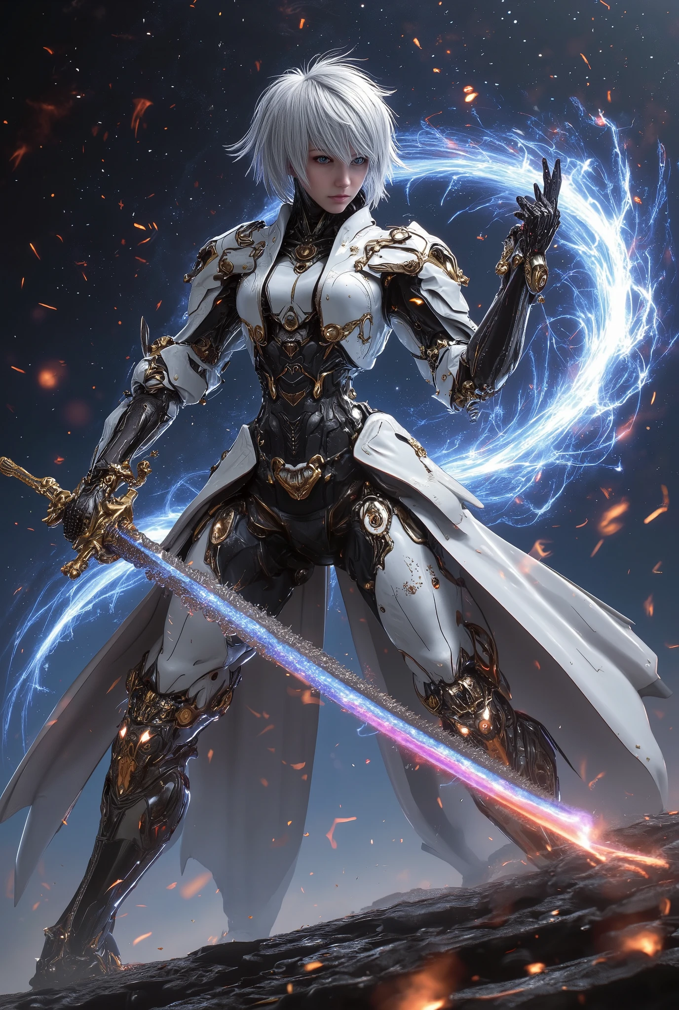 
(absurdres,  highres,  ultra detailed), masterpiece, the best quality, a boy in a white jacket, holding a sword, Alone ,  elegant, Short Hair, White hair, Detailed face,  combat posture,  Attack Posture , wielding a sword pose,  abstract background theme, Swirl, spark, magic vortex