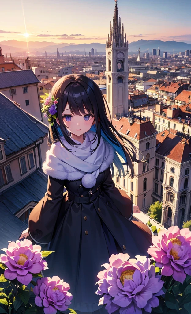 highdefinition images 、Milan cityscape、 On the beautiful streets of Milan 、 Flowers and trees々 Blooming 、 magical beings hidden in the branches and a mysterious colorful cityscape 、 8k 、 ( High Quality Seven Colored Flowers ) a forest street full of fantasy worlds、 Milan's Soft Sunrise。Alps with snow in the background 。