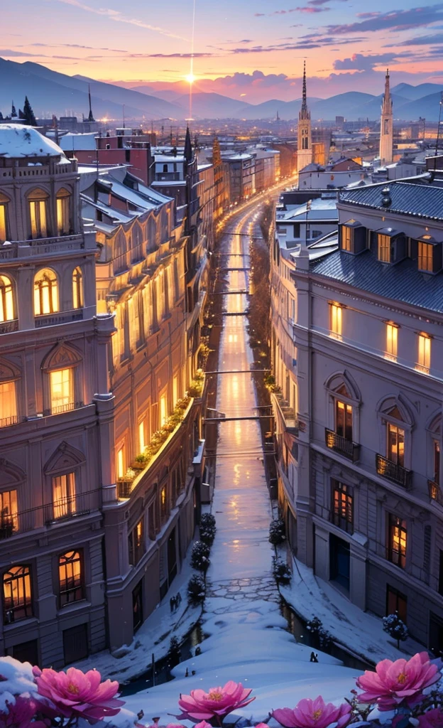 highdefinition images 、Milan cityscape、 On the beautiful streets of Milan 、 Flowers and trees々 Blooming 、 magical beings hidden in the branches and a mysterious colorful cityscape 、 8k 、 ( High Quality Seven Colored Flowers ) a forest street full of fantasy worlds、 Milan's Soft Sunrise。Alps with snow in the background 。
