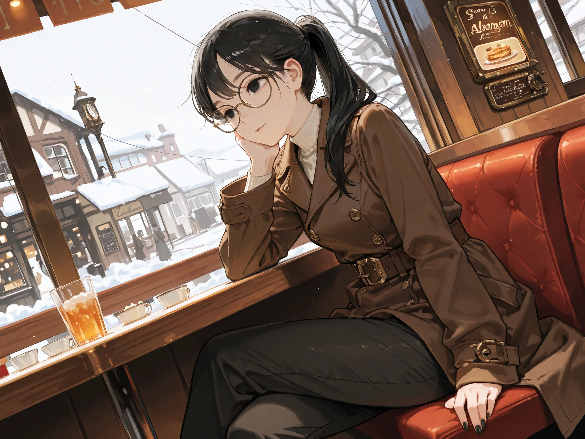 best quality, woman, long hair, ponytail, black hair, black eyes, droopy eyes, fair skin, shiny skin, short, glamorous, glasses, 15-year-old, Alone, long, slender face,
restaurant , Window seat,There is a lot of snow piled up in the streets outside,Mech, sitting, cross-legged, long sleeves, coat, pants, nail polish, european, steampunk, cowboy shot, dutch angle shot,
