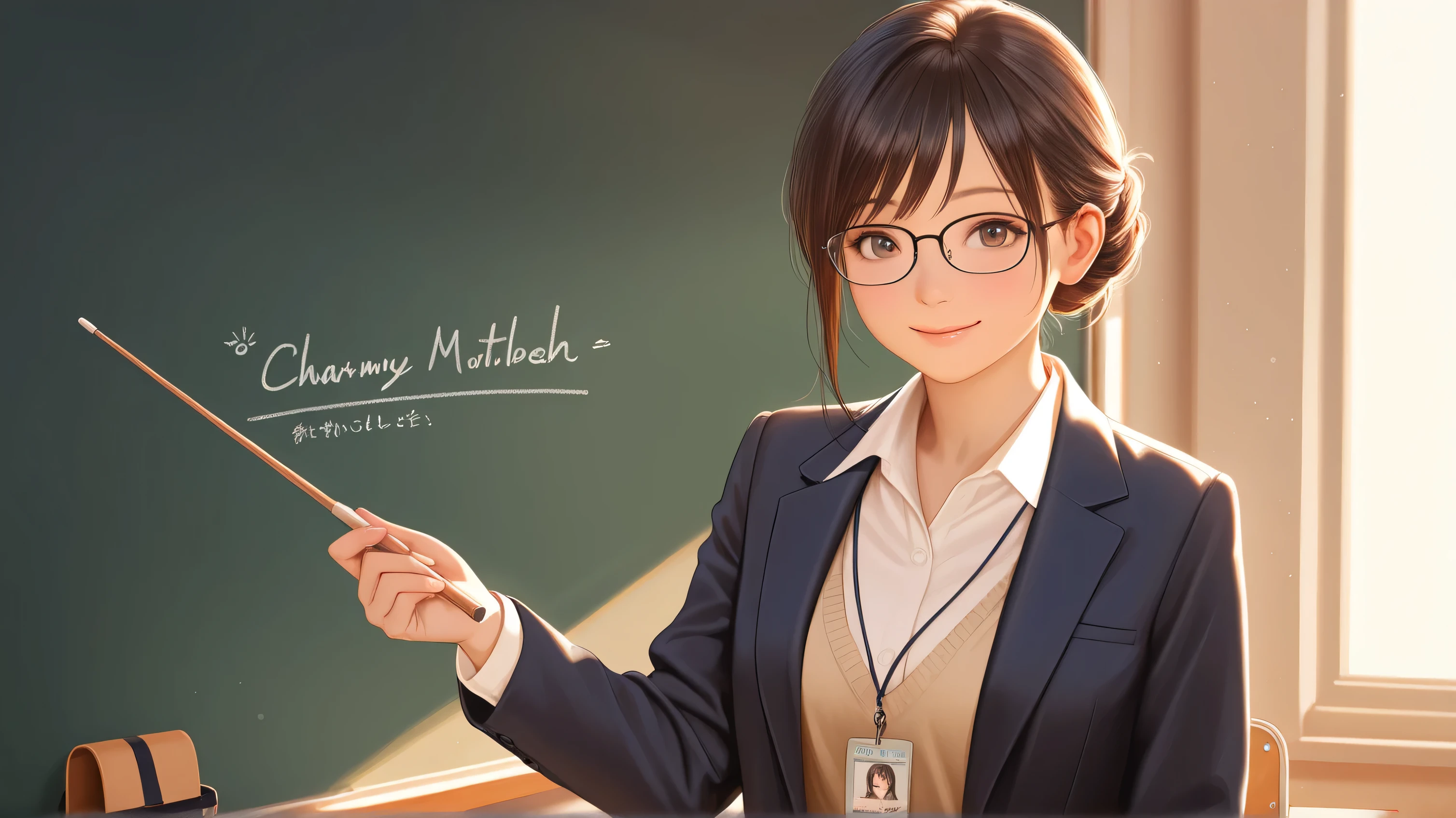 A cute and friendly female teacher standing in front of a blackboard in a classroom. She wears glasses and a tight-fitting suit, with her hair neatly tied up. Holding a pointer stick in one hand, she smiles warmly while teaching. Bright and approachable atmosphere, high resolution, high quality, realistic details, beautiful lighting."
✨ Additional tags(option):
ultra-detailed, realistic, professional, high-definition, elegant, warm smile, friendly expression, charming, soft lighting, academic atmosphere, well-dressed, youthful, inviting