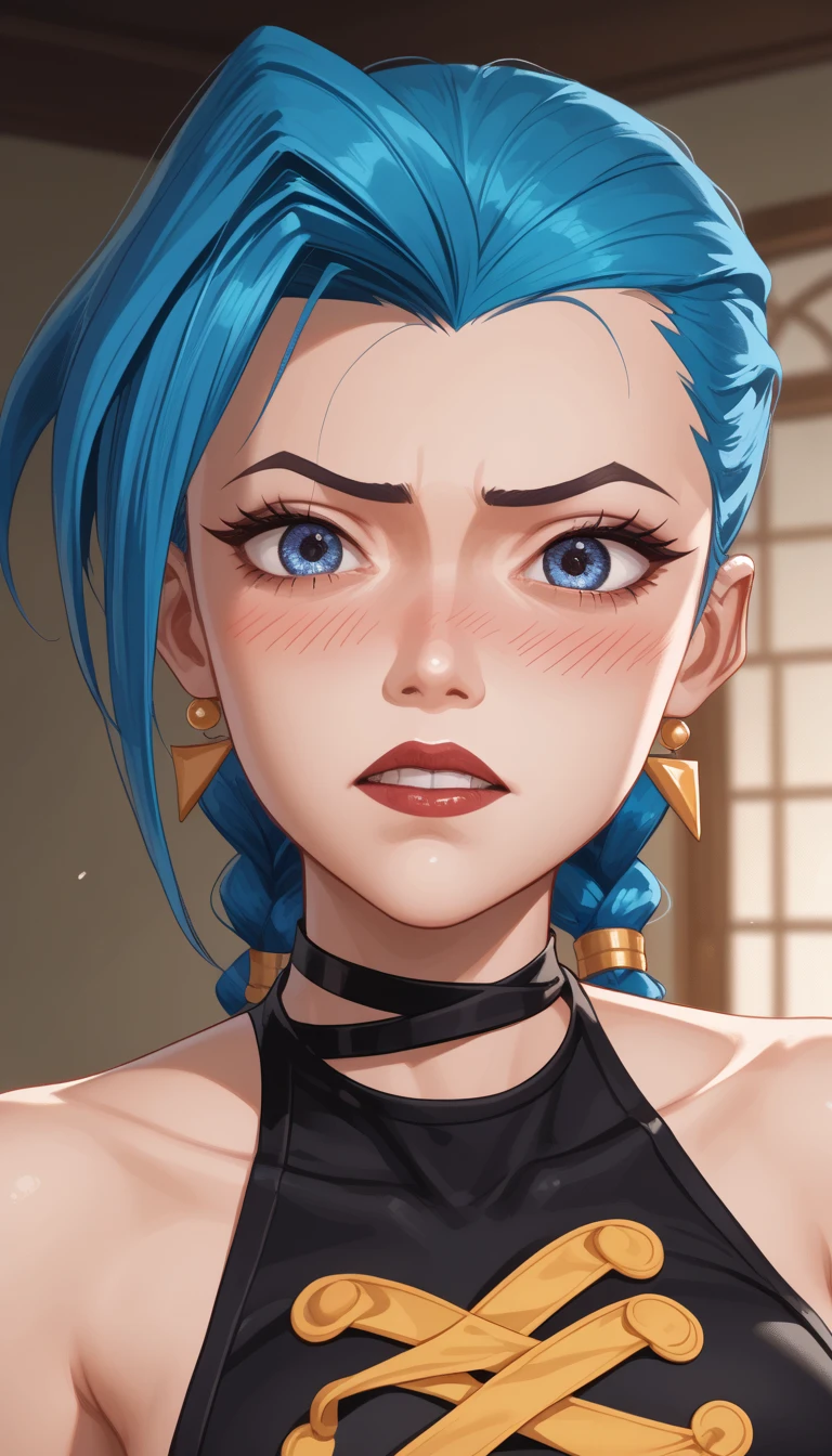 , Jinx, league of legends, (master part, best quality;1.3), extremamente detalhado ,ultra detalhado, 1girl,sozinho,  pequenos, sorriso maligno, ornamento de cabelo, Brincos, Olhando para o Viewer, mini saia, micro bra, olhos roxos, 4k resolution, ultra-realistic, altamente detalhado, corpo inteiro, noite, dynamic lights, lua cheia