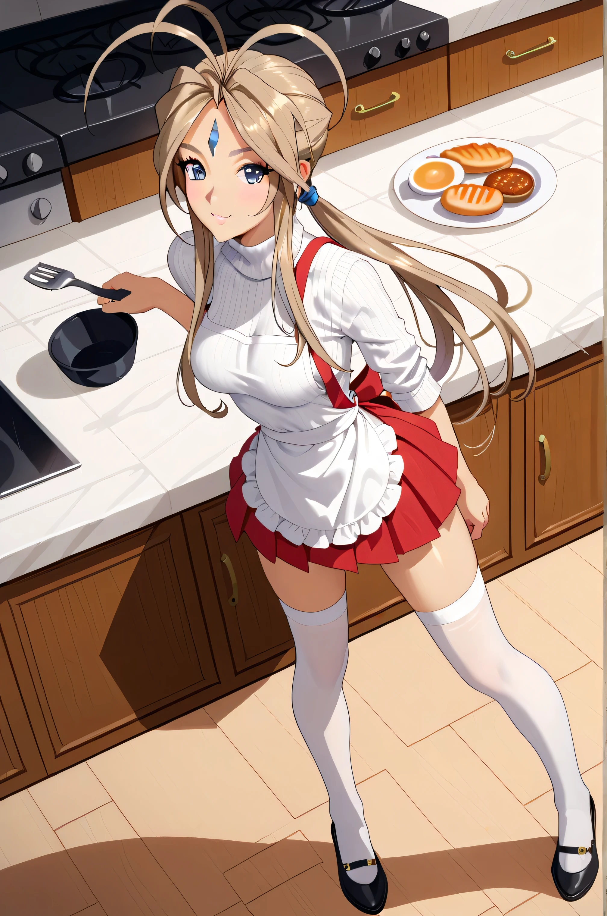 Belldandy,Light brown hair, white sweater, turtleneck sweater, red mini skirt, pleated skirt, wearing a white apron, cooking in the kitchen, white stockings, beautiful legs, perfect figure, model like figure, skirt very short, looking up angle, can see white underwear, slender figure, long legs, beautiful face