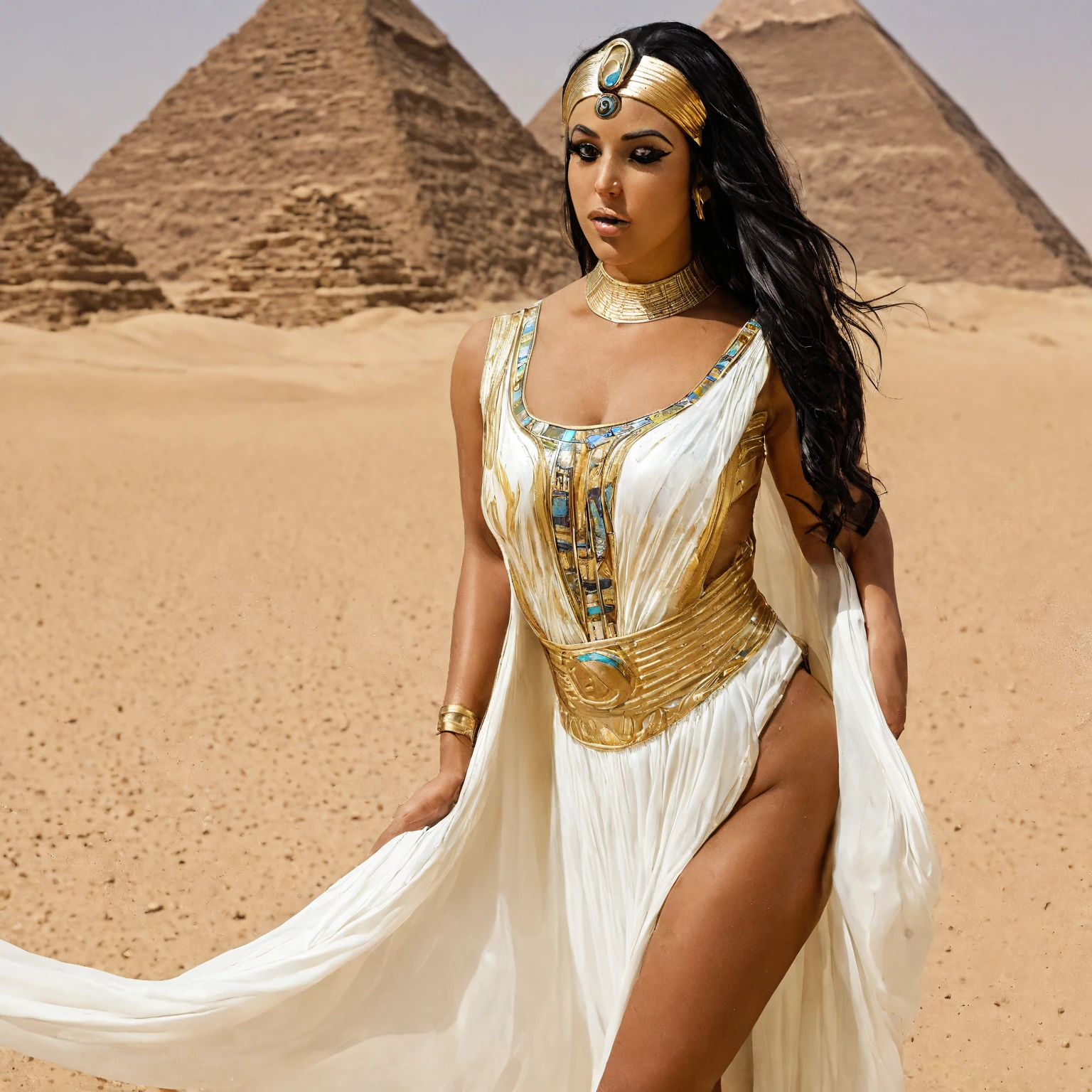 Cute girl, short dark blue hair, long white robe covering her head, Adult girl, desert, In the desert, camel, sexy body