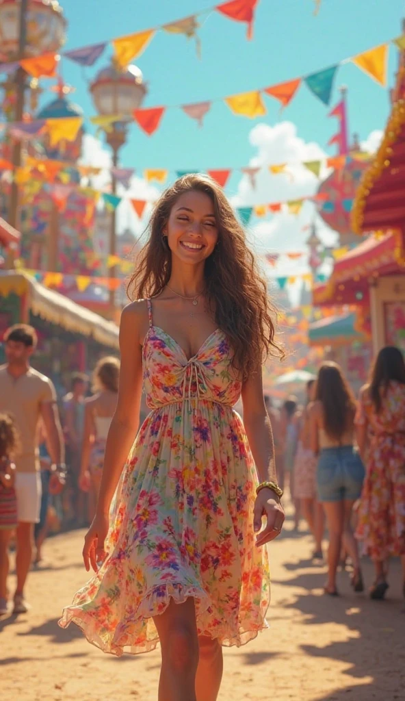 A stunning brunette girl with massive tits andsiren eyes and an infectious smile, wearing a bohemian summer dress with floral patterns and a wide-brimmed hat. She is at a lively music festival, surrounded by colorful tents and happy festival-goers. The sun is shining brightly, and her carefree pose and joyful expression capture the fun and excitement of the festival atmosphere