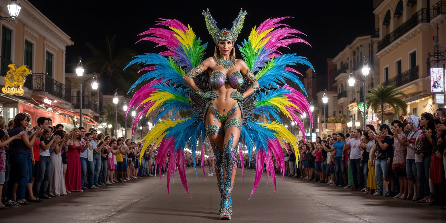 "Imagine Laurence Bedard amidst the vibrant energy of an Easter carnival, dressed in a playful yet alluring carnival-inspired costume. She wears a colorful corset adorned with feathers and sequins, paired with fishnet stockings and thigh-high boots. Laurence poses provocatively against a backdrop of whimsical carnival rides and festive decorations, her sultry gaze captivating the viewer. Her full-body tattoo is prominently displayed, adding an edgy allure to her festive ensemble."
