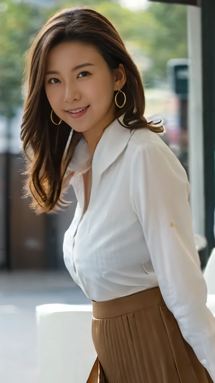 masterpiece, Highest quality, photorealistic, 超high resolution, fine-grained, high resolution, 8k Wallpaper, 1 beautiful woman,, Light Brown Disheveled Hair, wearing a business suit , sharp concentration, perfect dynamic composition, beautiful detail eye, detailed hair , detailed realistic skin texture, smile, Closeup Portrait, model body type being committed in vs 、((Very long brown hair:1.2))、(( loose wavy hair :1.2)),((はにかんだsmile:1.3)),((gold necklace_big earrings:1.2)), full body shot 、(((Full-body supermodel standing, full body shot , show my whole body ))),(( White Long Sleeve Button Up Blouse_ with collar_Delete up to the second button_ brown pleated mini skirt :1.3)),((smileで_ running towards here_ Long Hair Fluttering :1.3))