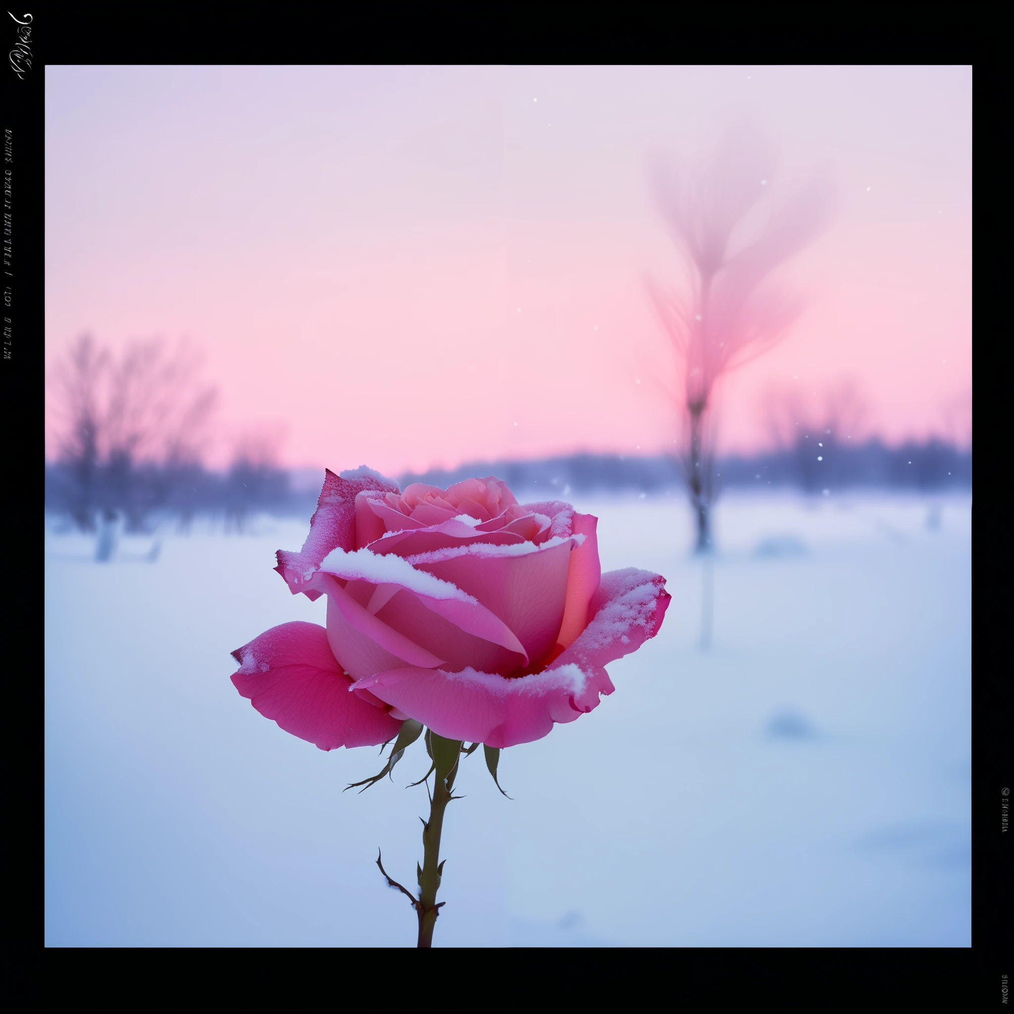 The wind is blowing strongly under the winter night sky. A single non-withering rose is blooming on the snow. The rose is shining and the atmosphere around it is cold.
