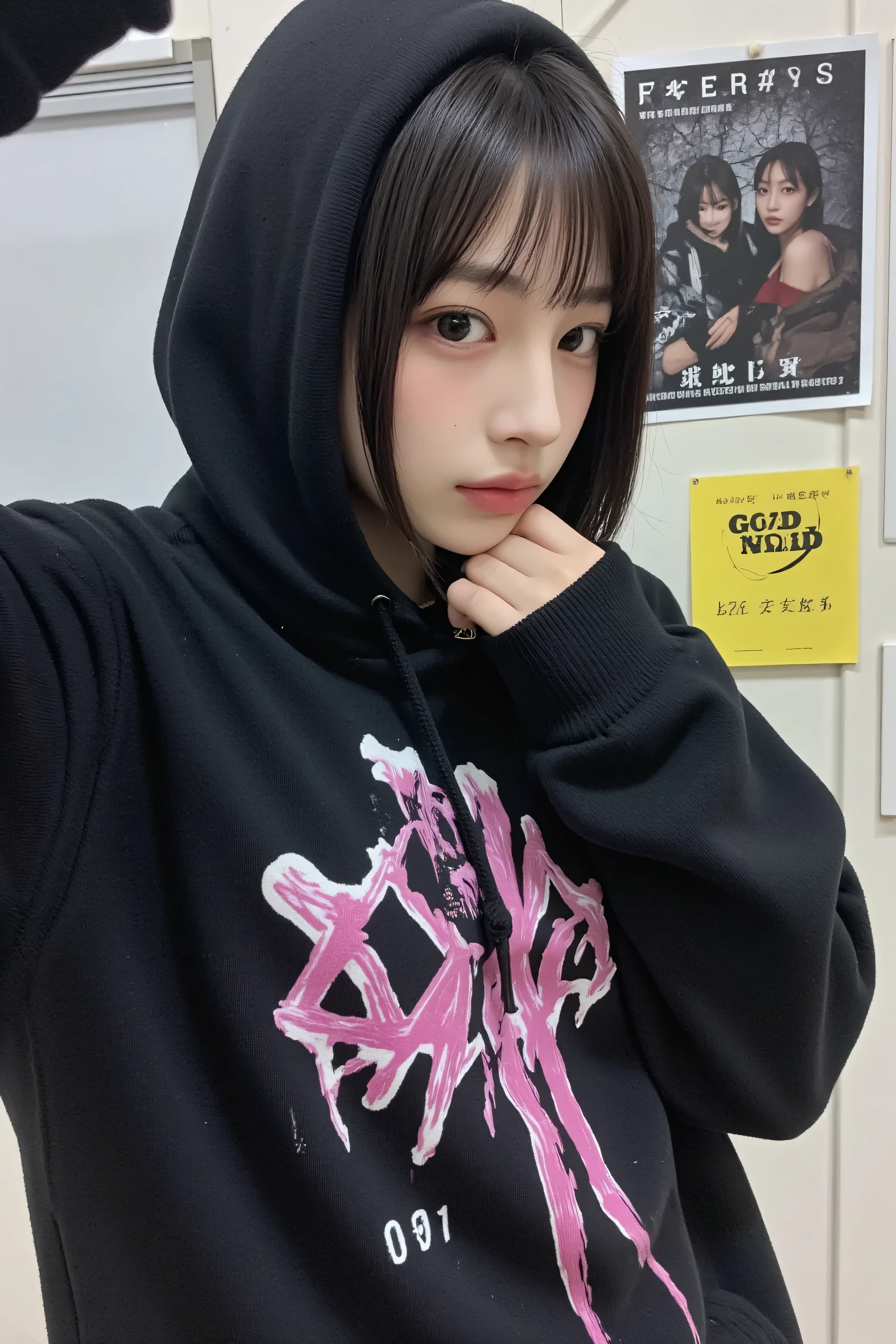 1 female 、full body、 beautiful white skin 、(( I can see my Chest、 hooded sweater Lean forward slightly for a sexy pose、Wear it 、 event venue))、((full body:2))、 gothic、 Earth System 、Extreme realism:1.21, (8k,realistic,RAW photo,Highest quality:1.4),high res pictures:1.21, high quality photo :1.21, High Realism :1.21, ( HD face ), (Highest quality:1.37), 32K resolution, High Dynamic Range :1.5, of shirt dresses very well detailed:1.5, hyperrealism:1.5, huge file size :1.5, (masterpiece:1.21), Noise Reduction:1.5, realistic:1.5, RAW photo:1.5, Ultra High Definition、Portrait、hyper realistic:1.4、sharp concentration:1.4、 attention to detail , beautiful Japanese woman , beautiful woman under hoodie、 double eyelids ,The face is very realistic、 shiny skin、 Extremely realistic Skin 、Ultra High Definition, ((Cinema Lighting,Fisedelic , graffiti art by Mr. Nomi )),(((beautiful legs:1.5、big breasts、Chest)))、 gothic makeup 、