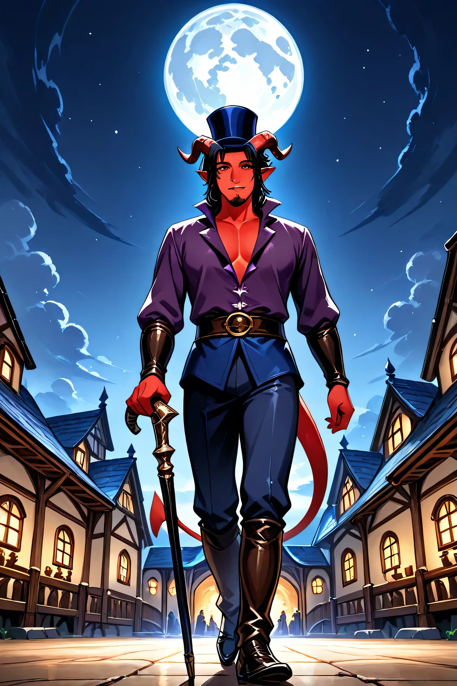 tiefling, horns, pointe ears, tail, solo, adult male, scarlet red skin, black hair, goatee, wearing bright purple top hat, (dark green colonial shirt), ((wearing black colonial era breeches)), black 18th century shoes, dazzling, charismatic, charming, holding a cane sword like a wand, rouge, trickster, ((performing in a village square near the coast)), night scene, colonial style buildings, full moon in sky, dungeons and dragons, fantasy art, close up shot, npcp