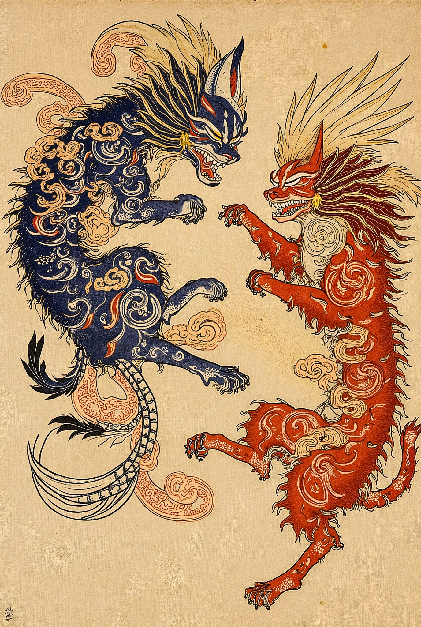  Ukiyo-e depictions of gods fighting between divine dogs and cats . Both animals' bodies have 、 Japanese patterns with swirling clouds as motifs.