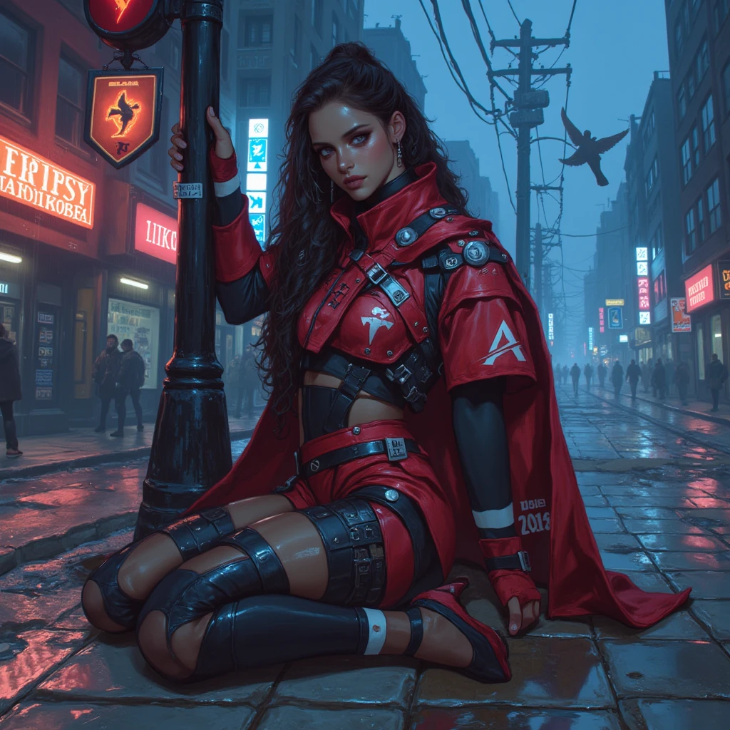 Highly detailed, stylized digital artwork featuring characters from a cyberpunk setting.    The subject is a muscular, plump, light-skinned sexy woman crouching on a rooftop with a cityscape of neon lights and skyscrapers in the background.    The character has intense red eyes, wears a hooded cape, miniskirt, and comes with red and black tactical gear, including fingerless gloves, arm guards, and various straps and buckles.    Holding a katana and wearing red war paint on his face.    The overall tone is mainly dark, with eye-catching red to create a dramatic and strong atmosphere.