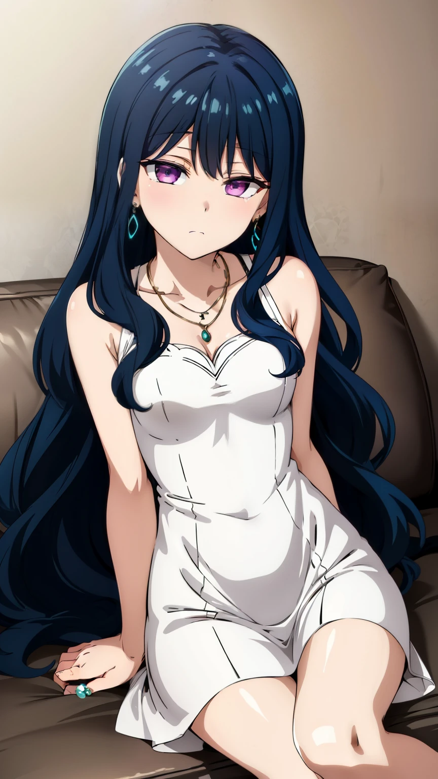 (masterpiece, best quality, high resolution, 8k:1.2),anime art style, nozaki yuu,anime, girl１people, (small breasts), (narrowed eyes, eyes half-closed, jitome, rolling eyes :1.2), (eye light: 1.2), closed mouth, blue hair, very long hair, (wavy hair:1.2), purple eyes, beautiful eyes, highly detailed face, (short:1.4), Detailed CG, expressionless, solo, nffsw, ((nffsw, dress, earrings, necklace, jewelry, sitting on the sofa)), looking at the viewer, in the center of the image, dynamic poses, dynamic angles, (cowboy shot:1.2)