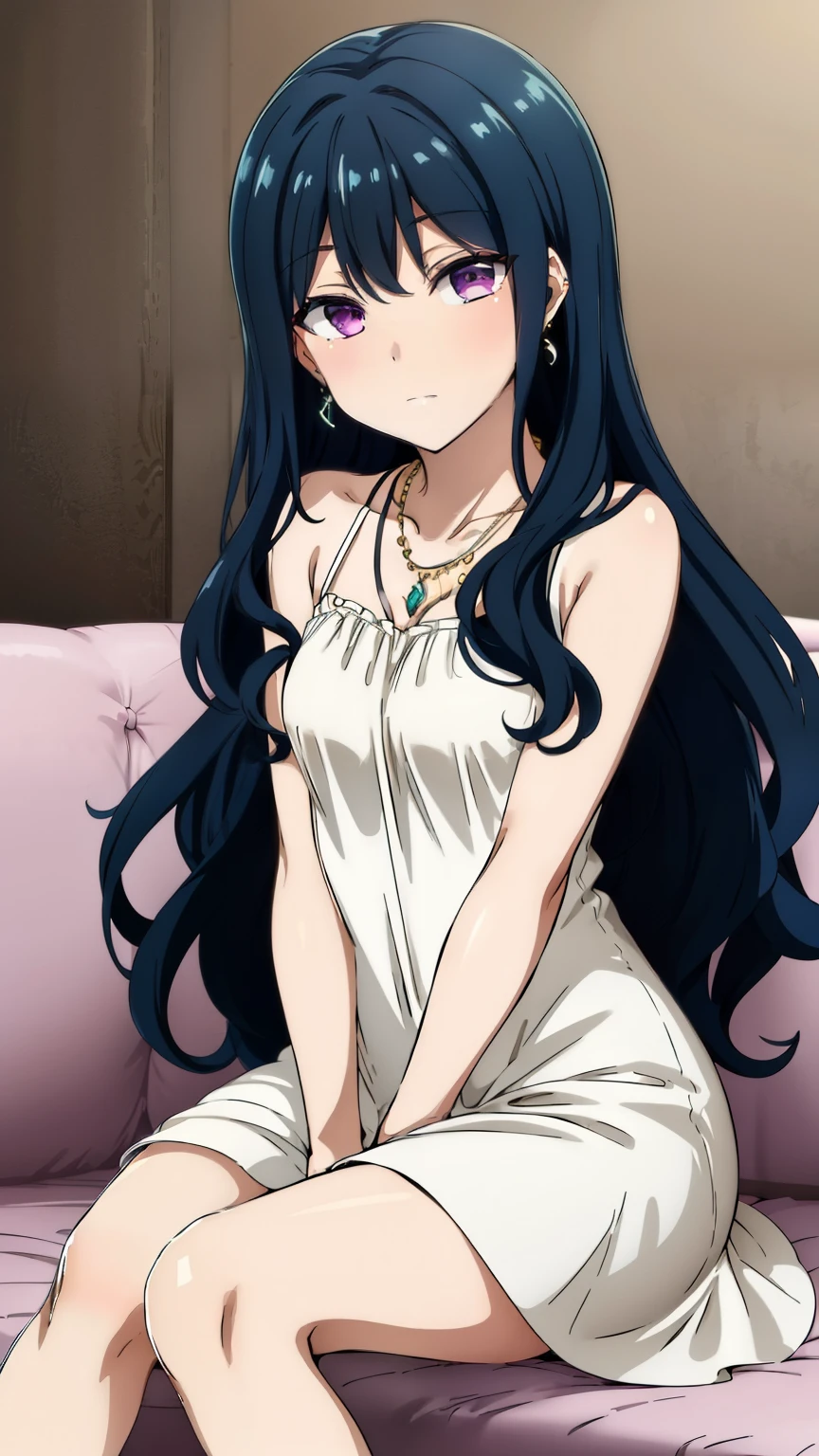 (masterpiece, best quality, high resolution, 8k:1.2),anime art style, nozaki yuu,anime, girl1people, (small breasts), (narrowed eyes, eyes half-closed, jitome, rolling eyes :1.2), (eye light: 1.2), closed mouth, blue hair, very long hair, (wavy hair:1.2), purple eyes, beautiful eyes, highly detailed face, (short:1.4), Detailed CG, expressionless, solo, nffsw, ((nffsw, dress, earrings, necklace, jewelry, sitting on the sofa)), looking at the viewer, in the center of the image, dynamic poses, dynamic angles, (cowboy shot:1.2)