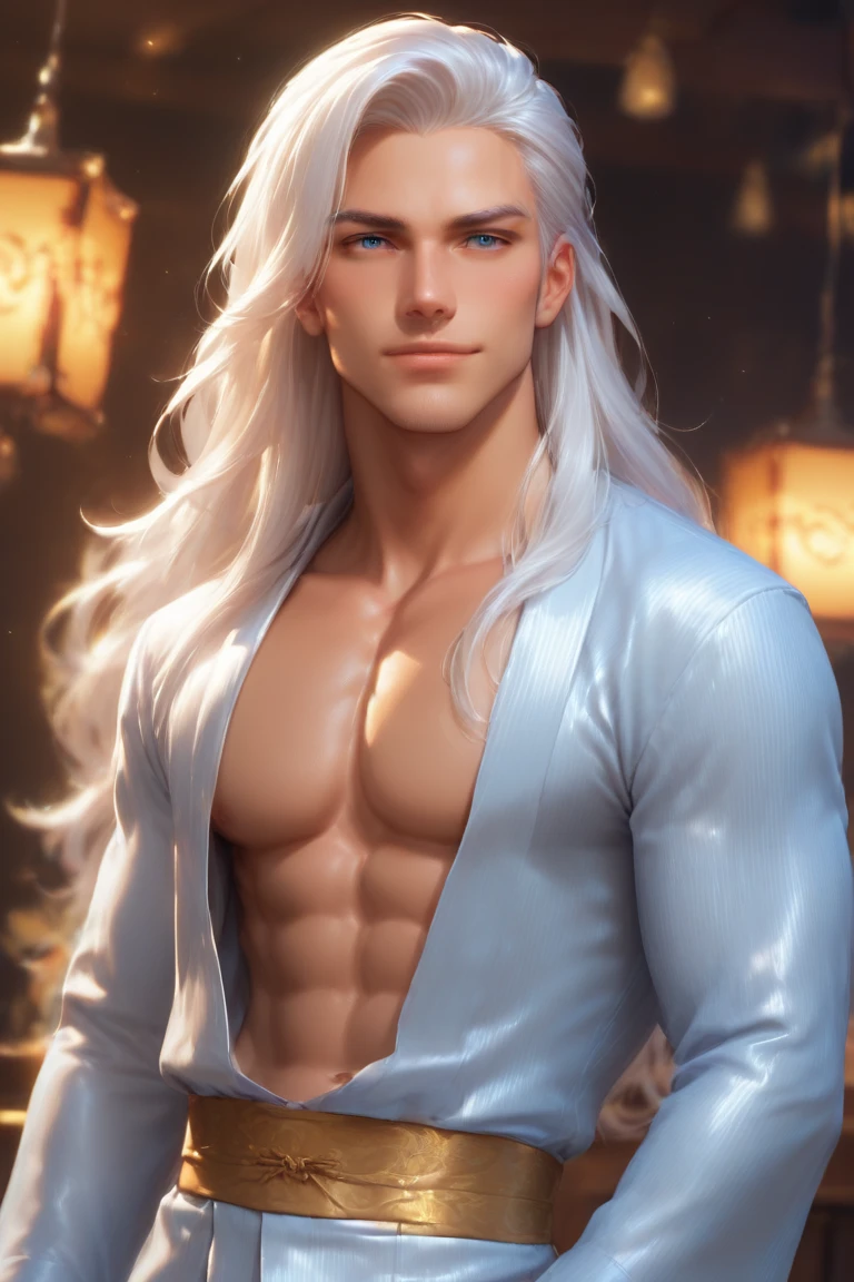 1man, White Hair, Long tied Hair, Orange eyes, naked, purple fin ear, manly, manhwa style, mermaid's tail is blue and light pink, there is a black dragon tattoo on his back. Smiling showing his teeth, fantasy art, photo realistic, dynamic lighting, artstation, poster, volumetric lighting, very detailed faces, 4 k, award winning,