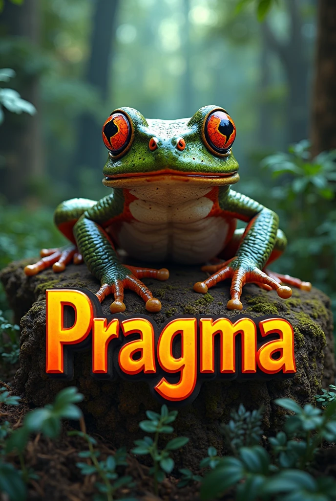Generate a 3D logo of jungle poisonous frog include the title “PRAGMA” orange. Forest background