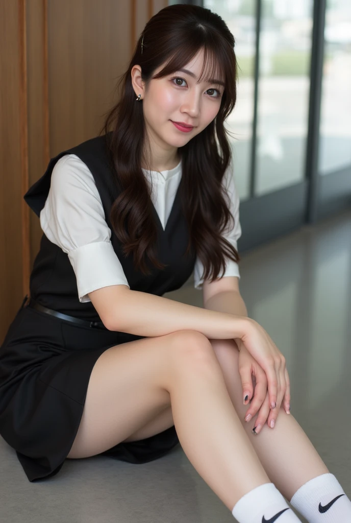 Best Quality, Full Body Portrait, Cinematic Texture Shot, Exquisite Face, Beautiful Face, 20 Year Old Woman, Smiling, Slim Figure, Small Bust, OL Uniform, Office Wear, Black Stockings, Interior Scene, Office, Seated
