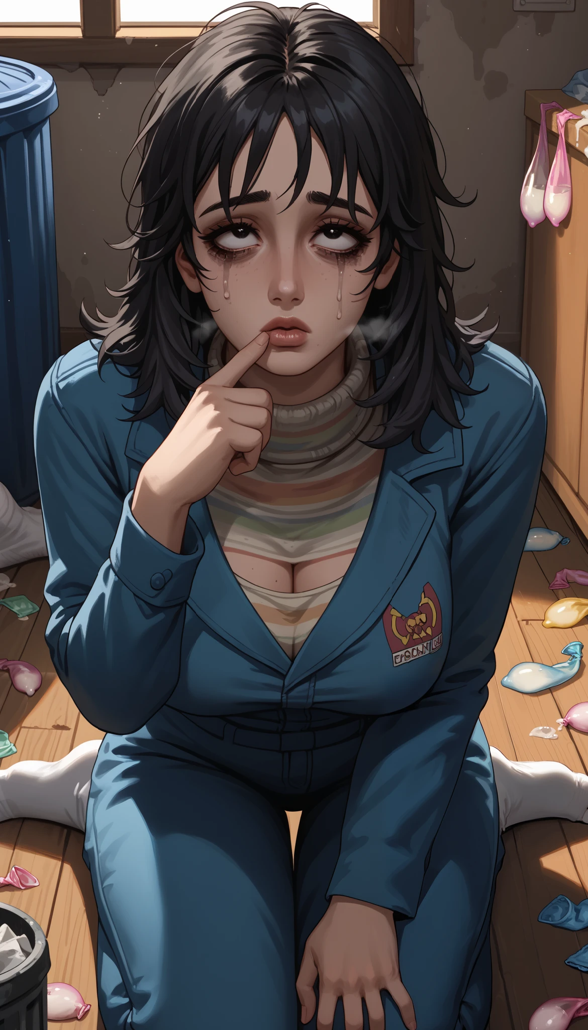 masterpiece, best quality, very aesthetic, ultra-detailed, absurdres, newest, scenery, 1girl, solo, looking at viewer,
anya_mw, black eyes, black hair, messy hair, solid oval eyes, bags under eyes, eyelashes, blue jumpsuit, multicolored sweater, turtleneck sweater, clogs, white socks,
large breasts, lips, bored, expressionless, finger to mouth,
attic, wooden floor, spider web, dimly lit, dust, dark theme,,Very detailed,Kneeling,Cock in eyes, after cum,Used condom above eye, close up,Condom in hair, messy face, messy makeup, not too far away,Used condoms, messy condoms, trash can filled with condoms, messy room, room full of trash, ahegao,cleavage,Heavy breathing dew, milf, big breasts, mature woman, after cum, 1 ugly fat man, dim lights, glowing skin,