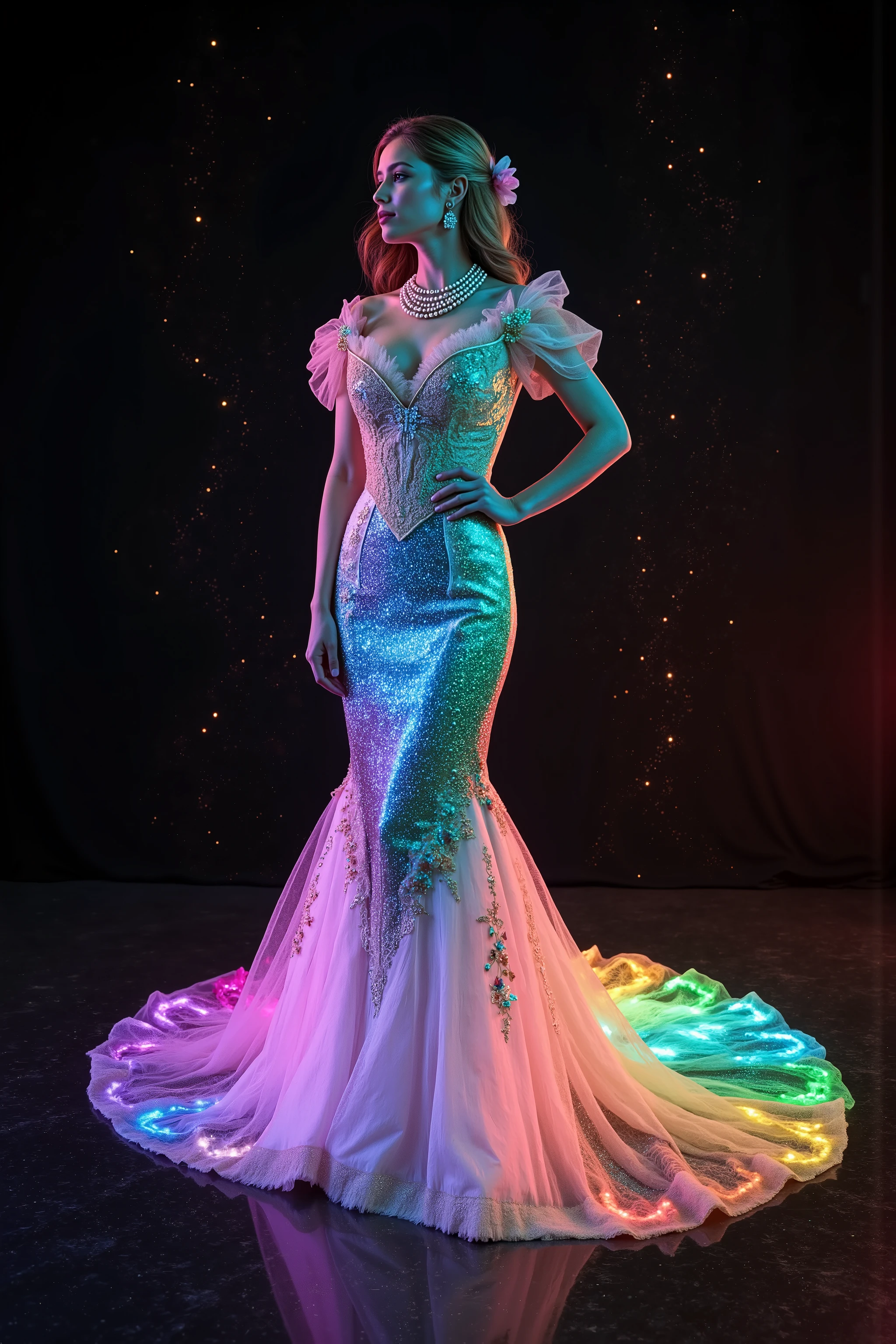 <lora:Spirals of light,Glitterhud_wht_gwn, a satin and tulle off-shoulder sleeveless full-length gown with a fitted bodice and a flared skirt. Florescent athe gown has sheer puff sleeves adorned with floral appliqués, sweetheart-shaped neckline lace, neon pin details  the embroidered detailing that extends down the front, creating a V-shape. A pearl necklace and a small pink flower complete the elegant ensemblehud_wht_gwn, a satin and tulle off-shoulder sleeveless full-length gown with a fitted bodice and a flared skirt. the gown has sheer puff sleeves adorned with floral appliqués, sweetheart-shaped neckline has embroidered detailing that glows with color and extends down the front, creating a V-shape. Colorful swirl lines light up around the woman while the dress glows from lots of vibrant neon and luminescent colors stitched in the mermaid gown she wears. Open the bottom of the dress so that the fabric creates a puddle shape several feet in circumference on the ground. Give the skirt seems glow in the dark paint, and neon colors that shoot up the entire dress. The dress is made of highly reflective  material, so all the light from the swirls around her are amplified and reverberate the glow outwards in a pulse of light and color against the contrasting black background. Very dramatic pose. Dramatic lights and color. Make the woman look more attractive. Surrealism, asthetically incredible, light display, multi colored swirls light up around the girl. Light moves out in waves of color. Iconic character. Iconic image. Ultra-realistic, photorealistic, cinematography, ultra detailed. Very Long wavey hair, Motion Lines, Sparkle, Emphasis Lines, Motion Blur, Speed Line,Cinematic Lighting,Glowing Light, Reflection Light, God Rays, Action Painting, Icon Style, Realism, Tumbledown, Portrait Photography, Fujicolor, Hair Ribbon,Choker, Super Detailed, Best Quality, Action Painting, Masterpiece, From Below, Parted Lips, neon, lit up colored swirls, against a black background.