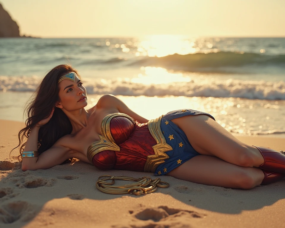 a close up of a woman in a bikini on a beach, wonder woman, dressed as wonder woman, bodybuilder superhero bikini, as seen on artgerm, artgerm comic, portrait of wonder woman, hybrid of gal gadot, sexy painting of gal gadot, superhero body, artgerm style, zenescope, artgerm moody photography