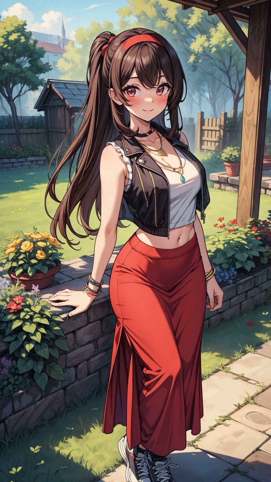 ((masterpiece, best quality:1.3, high detail)), beautiful woman posing, smile, long straight hair, (dark brown hair), hairpin, light blush, (vest), long red skirt, ((long skirt:1.1)), pencil skirt, midriff, navel, black hairband, necklace, bracelets, collarbone, sneakers, outdoors, garden,