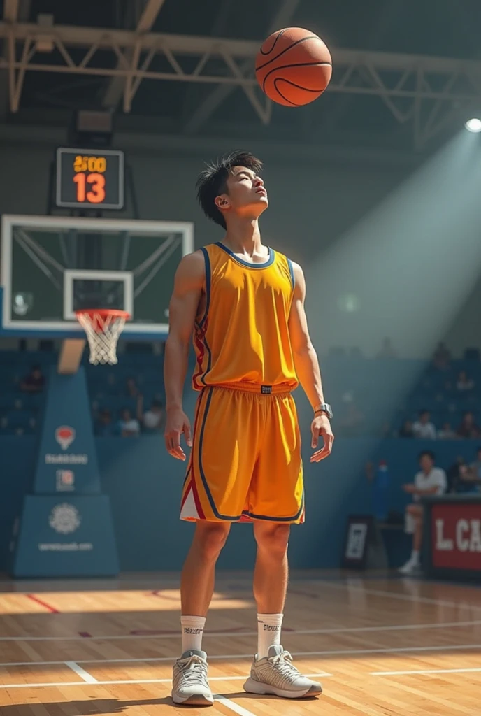 handsome idol face detail,Korean guy wearing bikini brown underwear playing basketball with group of friends basketball wearing, have an audiences wearing uniforms in amphitheatre ,