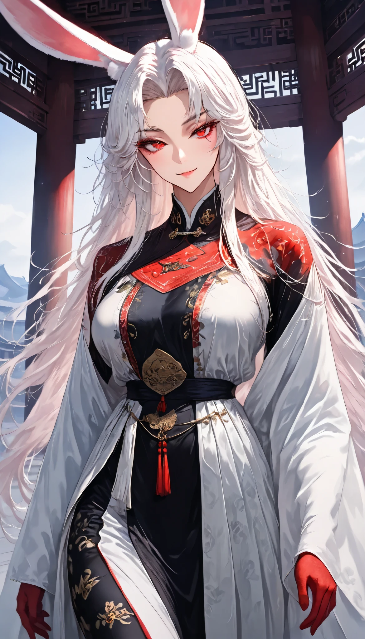 A Rabbit Girl ,Rabbit Ears, Perfect body,(White long hair, curtained hair, messy hair),Red eyes, Wearing A White Hanfu, Open pose, seductive smile, In A Chinese Classic Temple, UHD, SOLO, anatomically correct, masterpiece, textured skin, high details, highres, 1080P, 16k, accurate，Beautiful face, Perfect face, Highly detailed beautiful face and eyes, Attractive face, Detailed face, Delicate facial features, Detailed skin,Cowboy shot