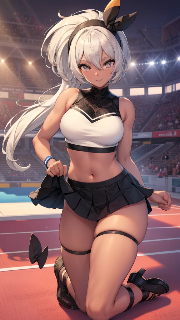 1 girl,cabelos preto e longos,Track and field wear,barefoot clothing,humongous large breast,In the stadium,sweat profusely
