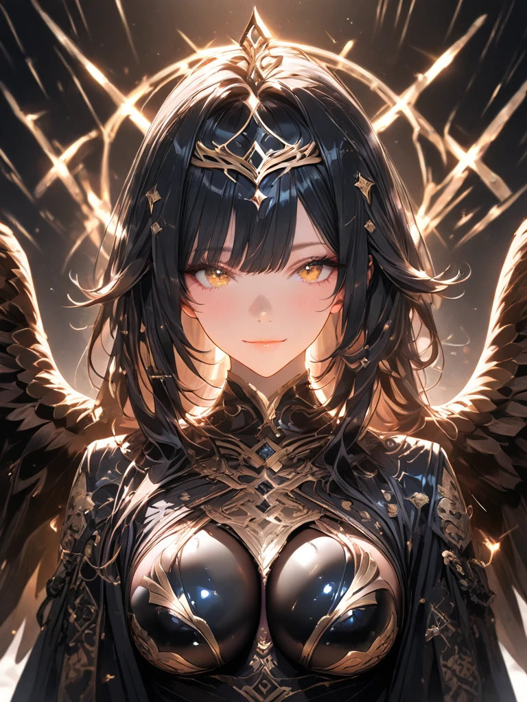 masterpiece, best quality, 1man, adult, male focus, solo, medium black hair, vibrant yellow eyes, gloves, hair between eyes, looking at viewer, cape, High quality metal texture, semi metal armor, closed mouth, black metallic gloves, upper body, bangs, high collar,(kbxll:0.6), Fantasy aesthetics, Highly detailed, shadowverse character concept, shadowverse style