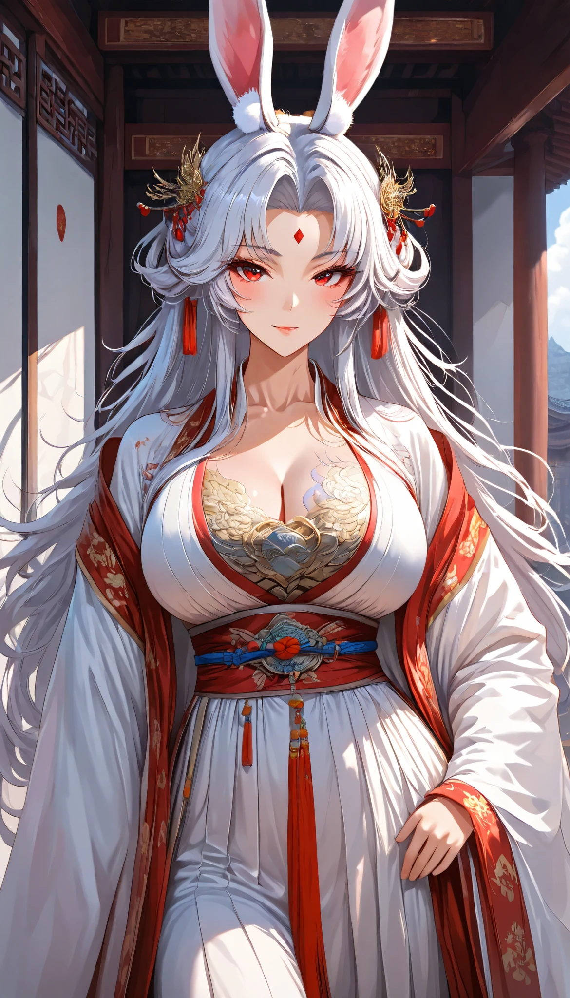 A Rabbit Girl ,Rabbit Ears, Perfect body, Oppai, (White long hair, curtained hair, messy hair),Red eyes, Wearing A White Hanfu, Open pose, seductive smile, In A Chinese Classic Temple, UHD, SOLO, anatomically correct, masterpiece, textured skin, high details, highres, 1080P, 16k, accurate,Beautiful face, Perfect face, Highly detailed beautiful face and eyes, Attractive face, Detailed face, Delicate facial features, Detailed skin,Cowboy shot