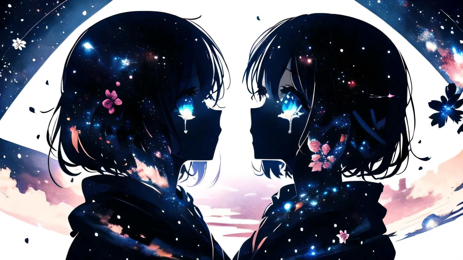 masterpiece, Highest quality, (  silhouette :1.3),  short hair, shining eyes, beautiful eyes, star (null), profile, flower, tears, 