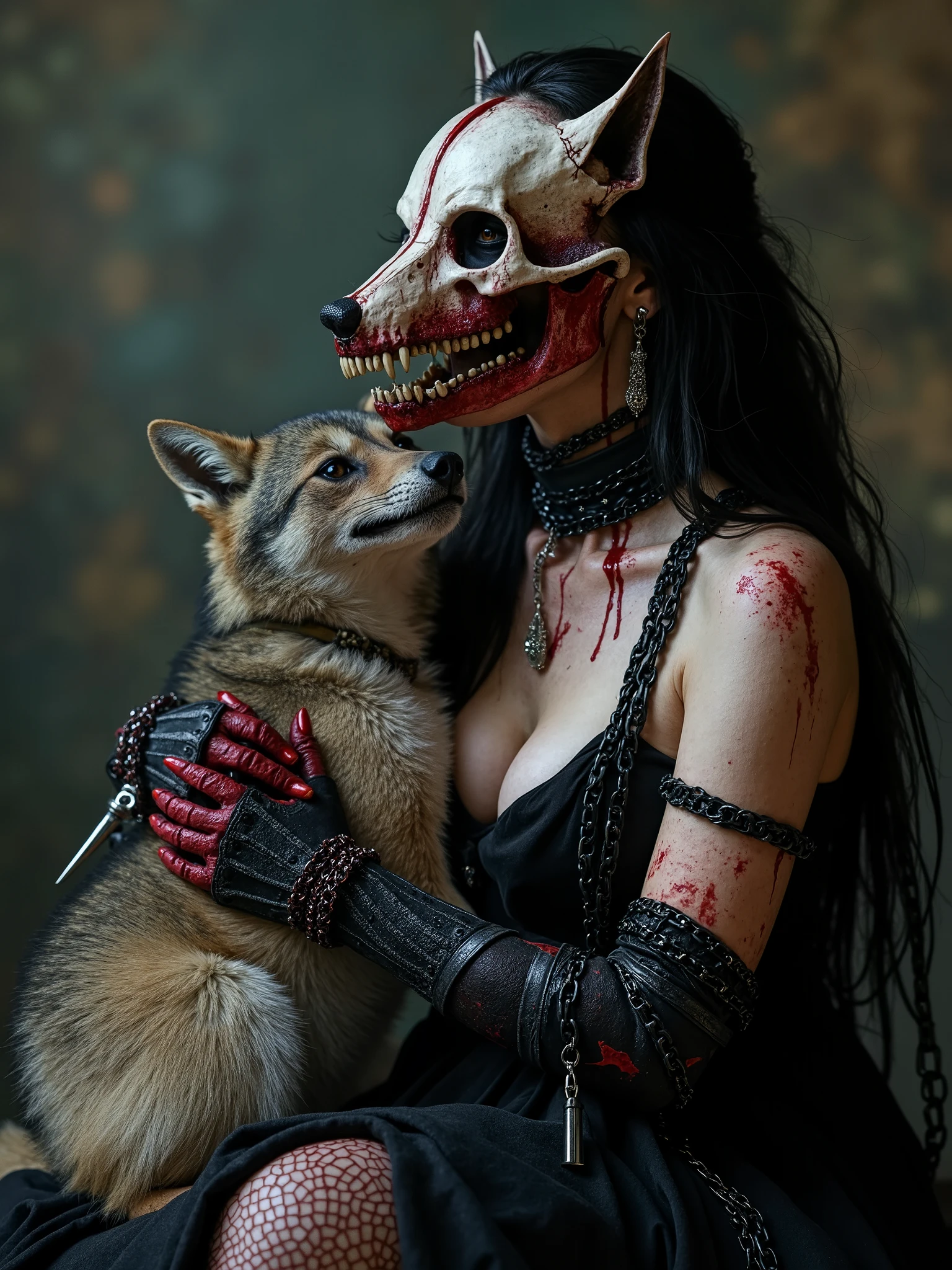 Beautiful Female cosmic necromancer with half rotten face,entity,necromancer warrior queen wolf skull as a mask, beautiful Lilith dressed seductive and sexy,chain dress black leather,satanic occult ambiance,half nude,spilled with red and black goo,dark makeup,dark surrealism,dark realistic photography, dark occult art,melancholic dark art, surreal dark art,realistic look,bone and metal chains armour, with spikes on the wrists and chain hooks,cosmic background,nude dark art,death and darkness, deformed jaw, caressing a wounded wolf