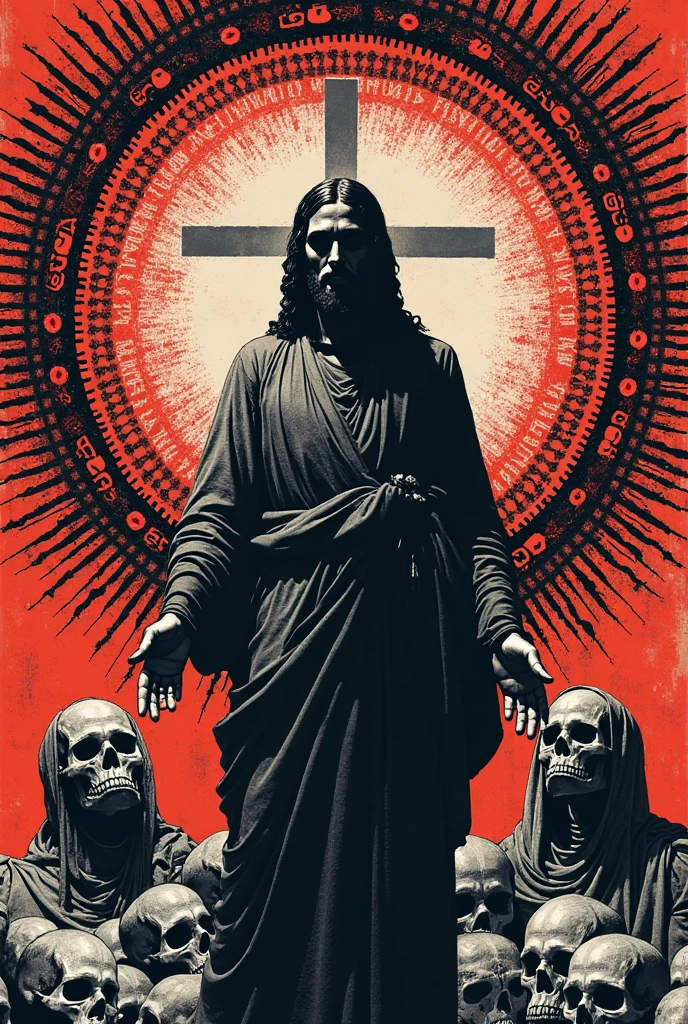 Jesus crucified looking up at the sky, scene red with blood --auto --s2