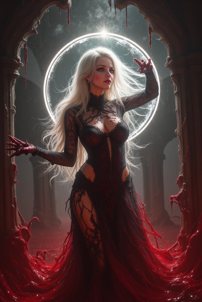 1girll，White color hair，Various hairstyles，Wear a black flower on your head，beauitful face，crisp breasts，Convex buttocks，Wearing a black gauze tights，Wear a black wristband，Black lace-up heels，Wearing a black military uniform overcoat，The inside of the coat is red，perfectly proportioned, Cinematic lighting, filmgrain, Fujicolor, lightand shade contrast, 8K, 巨作, Textured skin, Super detail, high detal, High quality, A high resolution,