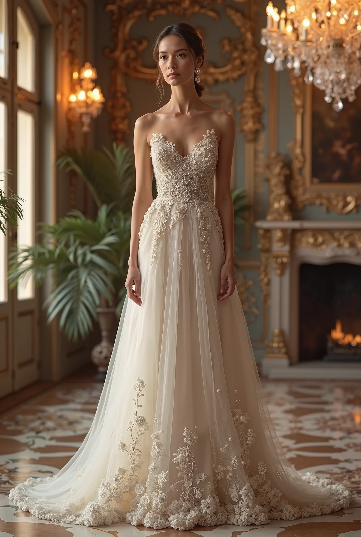 Create a bride's wedding dress. A Puff sleeve square neck mermaid satin dress for a female, 5'1ft, 46kg in weight and  27 waistline.