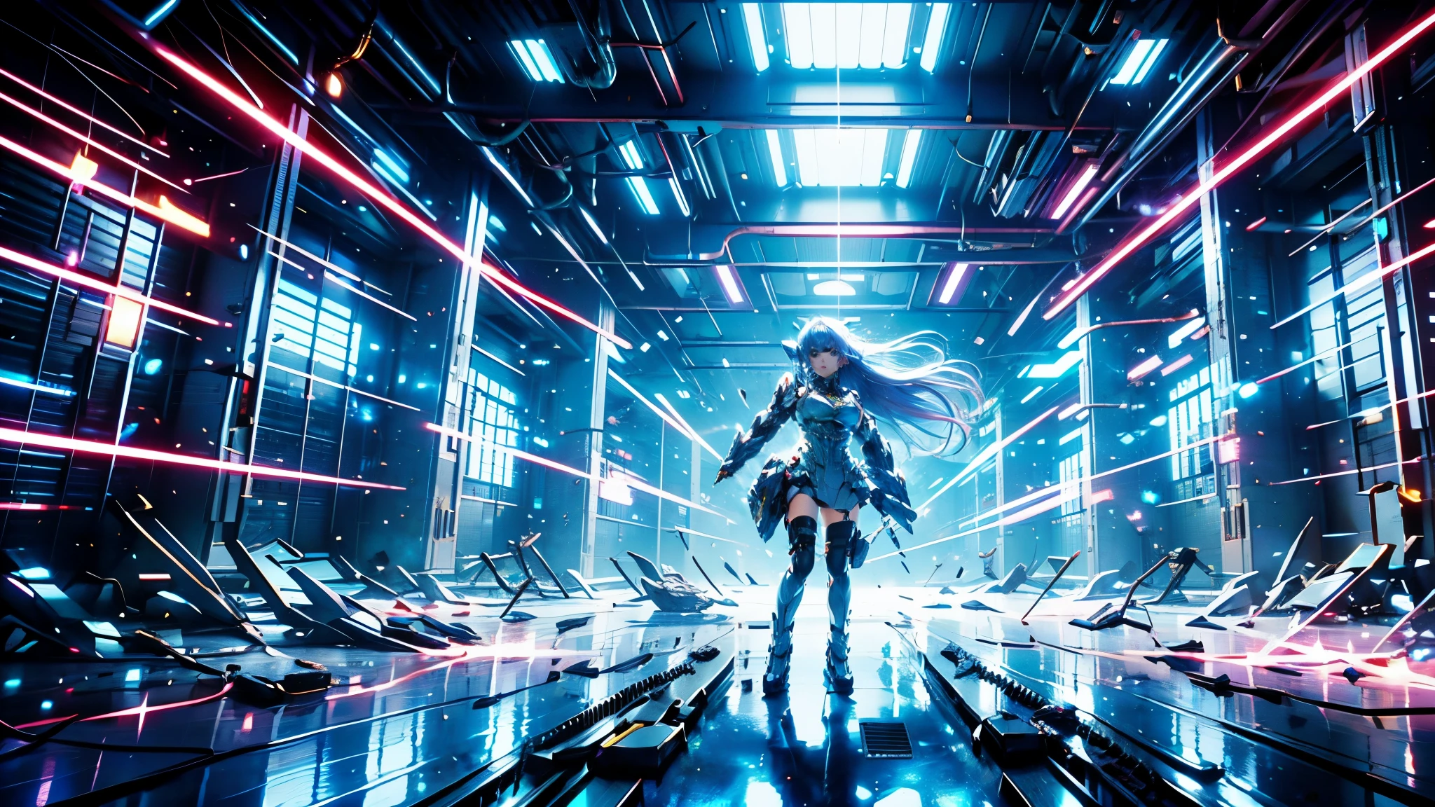 Highest quality、masterpiece、Ultra A high resolution、(photorealistic:1.4)、1 girl、light blue hair、 straight hair ,  SHINY AND CLEAN HAIR 、 White Shiny Skin 、 sexy cyberpunk girl 、(( cyberpunk person ))、shadow、octane rendering、Ultra Sharp、 in bikini 、 fiberglass 、Light emitting tube、 Extremely Complex Details 、 real light 、 CGSoation Trends、(( golden eyes ))、(facing camera)、Neon Details、 Mechanical Hands 、Attractive grueling that has become a hot topic in cloudscape art of mechanical vertebrae、 mechanical neck attached to the neck  、  wires and cables connecting to the head  、Cosmic Background Radiation、 rat path section、(( Valkyrie ))、(( beam gun))