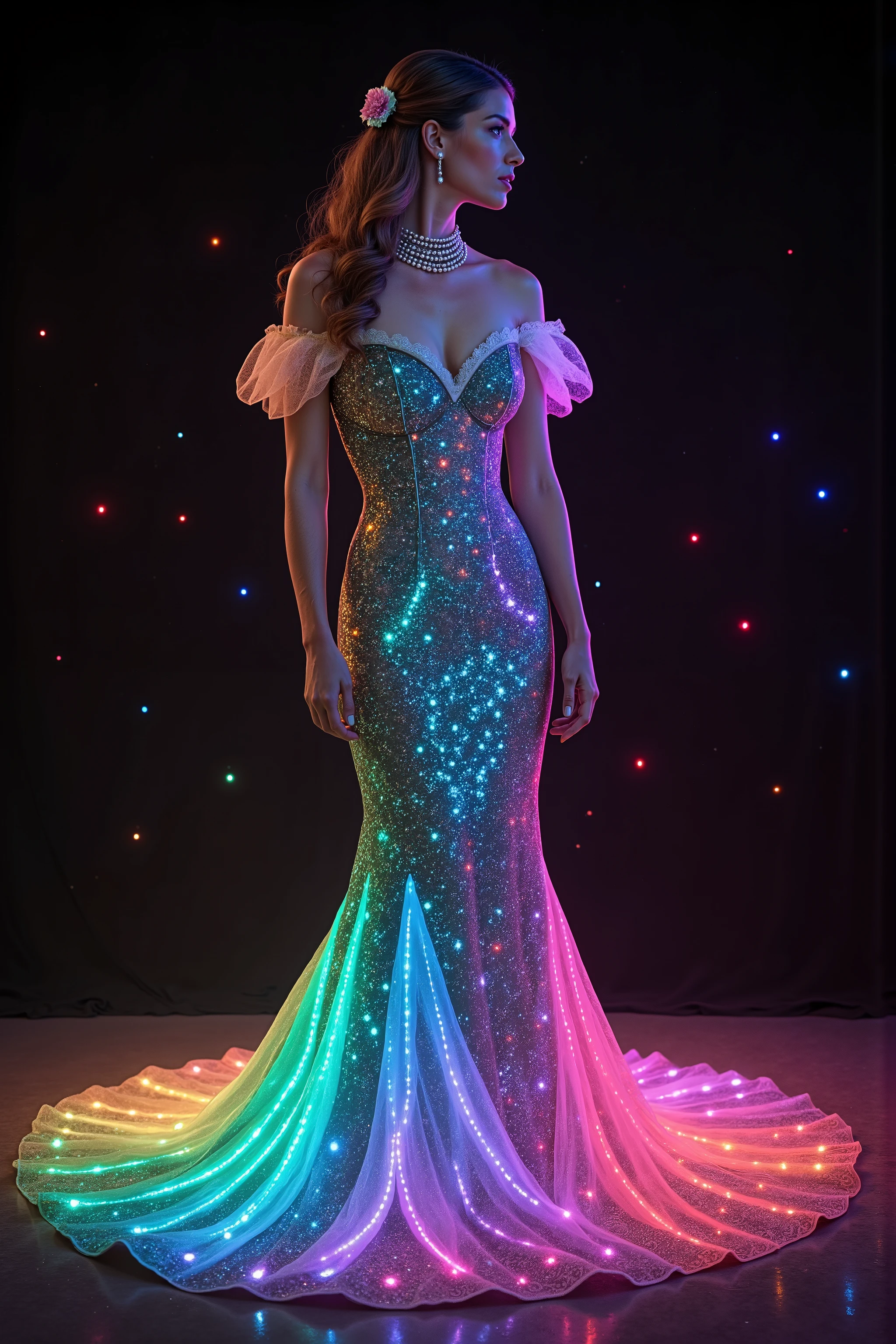 <lora:Spirals of light,Glitterhud_wht_gwn, a satin and tulle off-shoulder sleeveless full-length gown with a fitted bodice and a flared skirt. Florescent athe gown has sheer puff sleeves adorned with floral appliqués, sweetheart-shaped neckline lace, neon pin details the embroidered detailing that extends down the front, creating a V-shape. A pearl necklace and a small pink flower complete the elegant ensemblehud_wht_gwn, a satin and tulle off-shoulder sleeveless full-length gown with a fitted bodice and a flared skirt. the gown has sheer puff sleeves adorned with floral appliqués, sweetheart-shaped neckline has embroidered detailing that glows with color and extends down the front, creating a V-shape. Colorful swirl lines light up around the woman while the dress glows from lots of vibrant neon and luminescent colors stitched in the mermaid gown she wears. Open the bottom of the dress so that the fabric creates a puddle shape several feet in circumference on the ground. Give the skirt seems glow in the dark paint, and neon colors that shoot up the entire dress. The dress is made of highly reflective material, so all the light from the swirls around her are amplified and reverberate the glow outwards in a pulse of light and color against the contrasting black background. Very dramatic pose. Dramatic lights and color. Make the woman look more attractive. Surrealism, asthetically incredible, light display, multi colored swirls light up around the girl. Light moves out in waves of color. Iconic character. Iconic image. Ultra-realistic, photorealistic, cinematography, ultra detailed. Very Long wavey hair, Motion Lines, Sparkle, Emphasis Lines, Motion Blur, Speed Line,Cinematic Lighting,Glowing Light, Reflection Light, God Rays, Action Painting, Icon Style, Realism, Tumbledown, Portrait Photography, Fujicolor, Hair Ribbon,Choker, Super Detailed, Best Quality, Action Painting, Masterpiece, From Below, Parted Lips, neon, lit up colored swirls, against a black background.