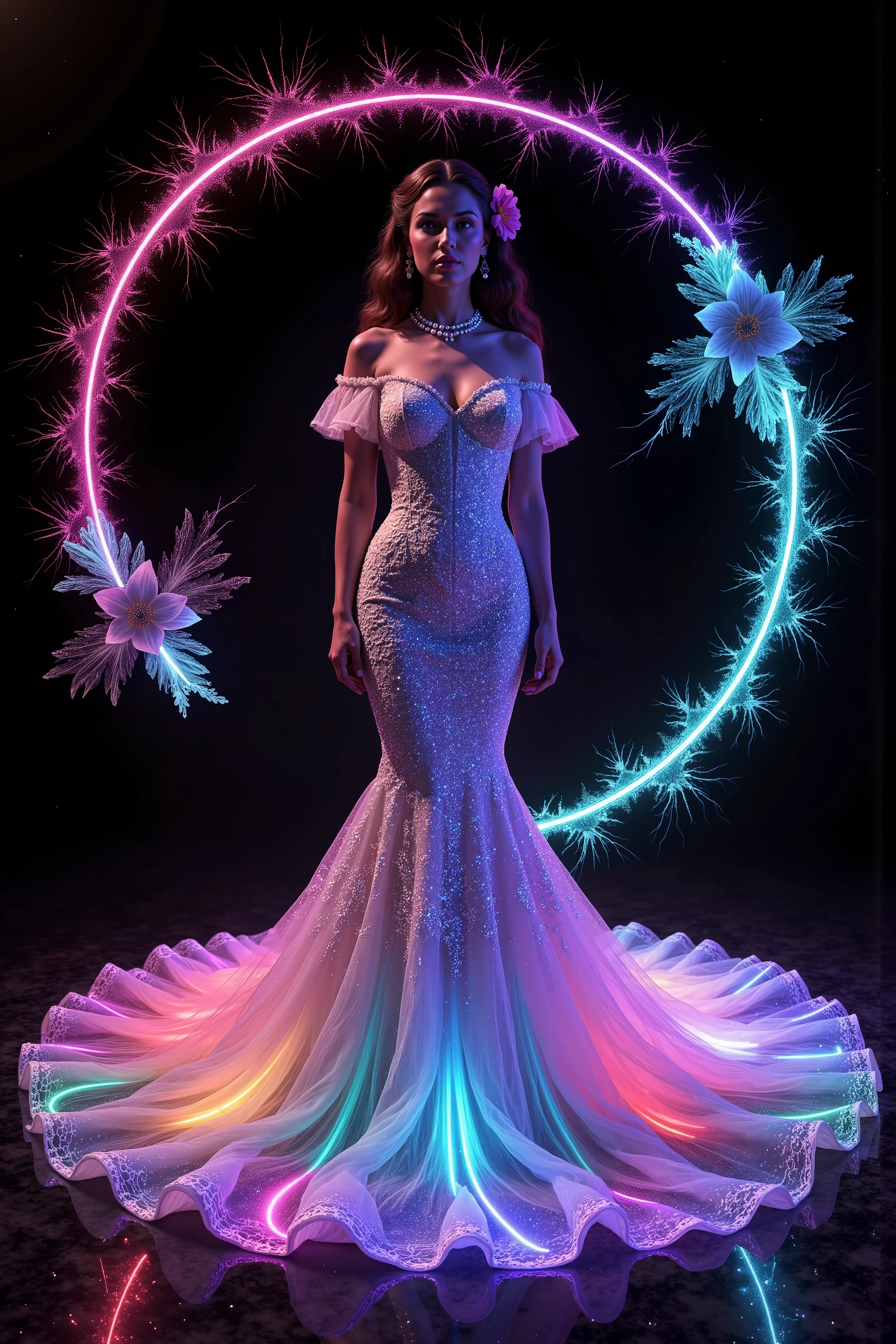 <lora:Spirals of light,Glitterhud_wht_gwn, a satin and tulle off-shoulder sleeveless full-length gown with a fitted bodice and a flared skirt. the gown has sheer puff sleeves adorned with floral appliqués, sweetheart-shaped neckline has lace or embroidered detailing that extends down the front, creating a V-shape. A pearl necklace and a small pink flower complete the elegant ensemblehud_wht_gwn, a satin and tulle off-shoulder sleeveless full-length gown with a fitted bodice and a flared skirt. the gown has sheer puff sleeves adorned with floral appliqués, sweetheart-shaped neckline has lace or embroidered detailing that extends down the front, creating a V-shape. A pearl necklacrate the swirl lines around the woman while infusing lots of vibrant neon and bioluminescent colors into the mermaid gown she wears. Open the bottom of the dress so that the fabric  creates a puddle shape several feet in circumference around her feet. The dress is made of highly reflective  material, so all the light from the swirls around her are amplified and reverberate the glow outwards in a pulse of light and color against the contrasting black background. Very dramatic pose. Dramatic light and color effect. Make the woman look more realistic and more attractive. Surrealism, asthetically incredible, light display, multi colored swirls lit up around the girl. Light moves out in waves of color. Iconic character. Iconic image. Photorealistic, ultra realistic, cinematography, ultra detailed. Very Long wavey hair, Motion Lines, Sparkle, Emphasis Lines, Motion Blur, Speed Lines, Film Grain, Scanlines, Optical Illusion, Cinematic Lighting, Ray Tracing, Glowing Light, Reflection Light, God Rays, Action Painting, Icon Style, Realism, Tumbledown, Portrait Photography, Fujicolor, Hair Ribbon,Choker, Super Detailed, Best Quality, Action Painting, Masterpiece, From Below, 1Parted Lips, neon, lit up colored swirls, against a black background. Girl and swirls light up like bioluminescence. 