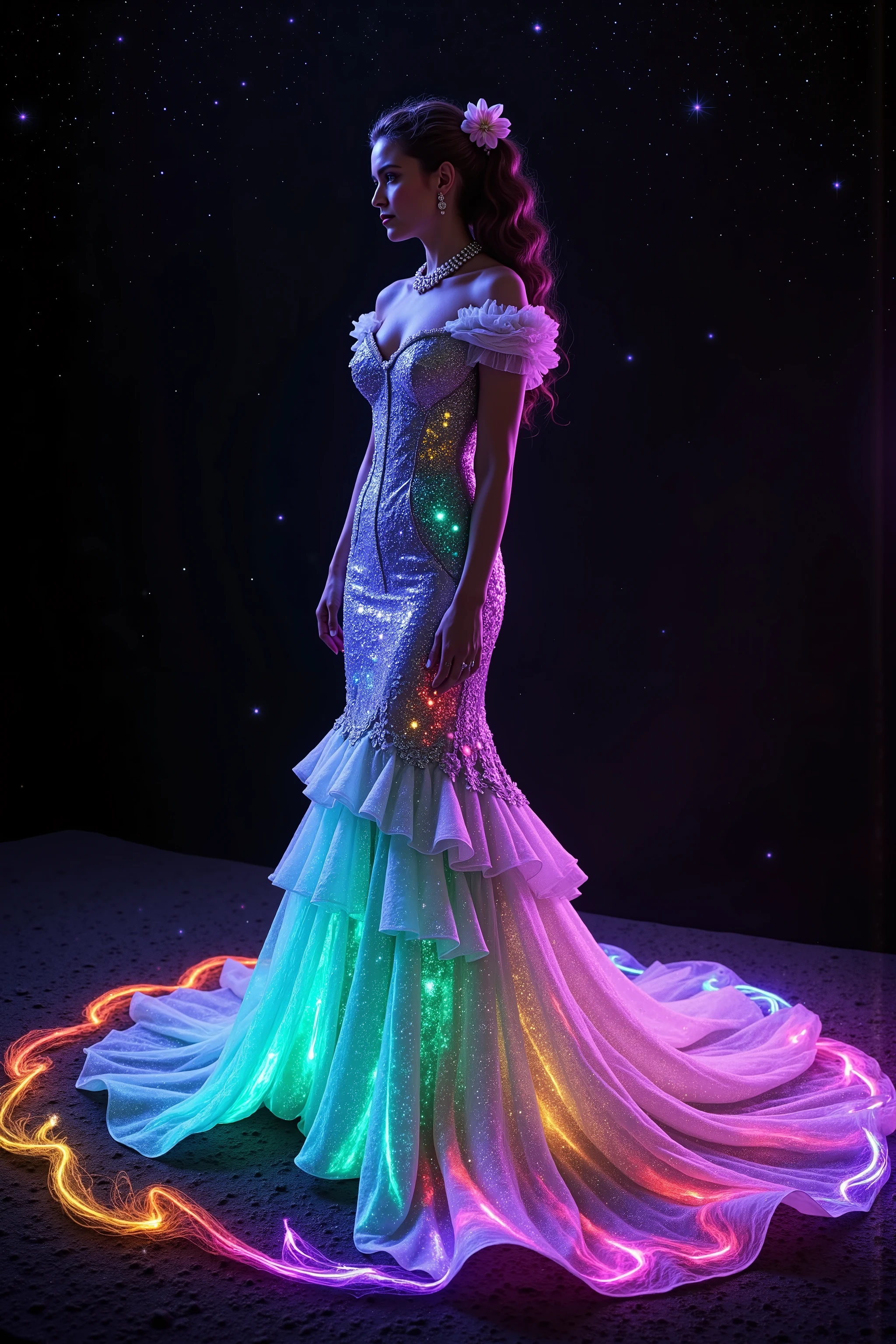 <lora:Spirals of light,Glitterhud_wht_gwn, a satin and tulle off-shoulder sleeveless full-length gown with a fitted bodice and a flared skirt. the gown has sheer puff sleeves adorned with floral appliqués, sweetheart-shaped neckline has lace or embroidered detailing that extends down the front, creating a V-shape. A pearl necklace and a small pink flower complete the elegant ensemblehud_wht_gwn, a satin and tulle off-shoulder sleeveless full-length gown with a fitted bodice and a flared skirt. the gown has sheer puff sleeves adorned with floral appliqués, sweetheart-shaped neckline has lace or embroidered detailing that extends down the front, creating a V-shape. A pearl necklacrate the swirl lines around the woman while infusing lots of vibrant neon and bioluminescent colors into the mermaid gown she wears. Open the bottom of the dress so that the fabric creates a puddle shape several feet in circumference around her feet. The dress is made of highly reflective material, so all the light from the swirls around her are amplified and reverberate the glow outwards in a pulse of light and color against the contrasting black background. Very dramatic pose. Dramatic light and color effect. Make the woman look more realistic and more attractive. Surrealism, asthetically incredible, light display, multi colored swirls lit up around the girl. Light moves out in waves of color. Iconic character. Iconic image. Photorealistic, ultra realistic, cinematography, ultra detailed. Very Long wavey hair, Motion Lines, Sparkle, Emphasis Lines, Motion Blur, Speed Lines, Film Grain, Scanlines, Optical Illusion, Cinematic Lighting, Ray Tracing, Glowing Light, Reflection Light, God Rays, Action Painting, Icon Style, Realism, Tumbledown, Portrait Photography, Fujicolor, Hair Ribbon,Choker, Super Detailed, Best Quality, Action Painting, Masterpiece, From Below, 1Parted Lips, neon, lit up colored swirls, against a black background. Girl and swirls light up like bioluminescence.