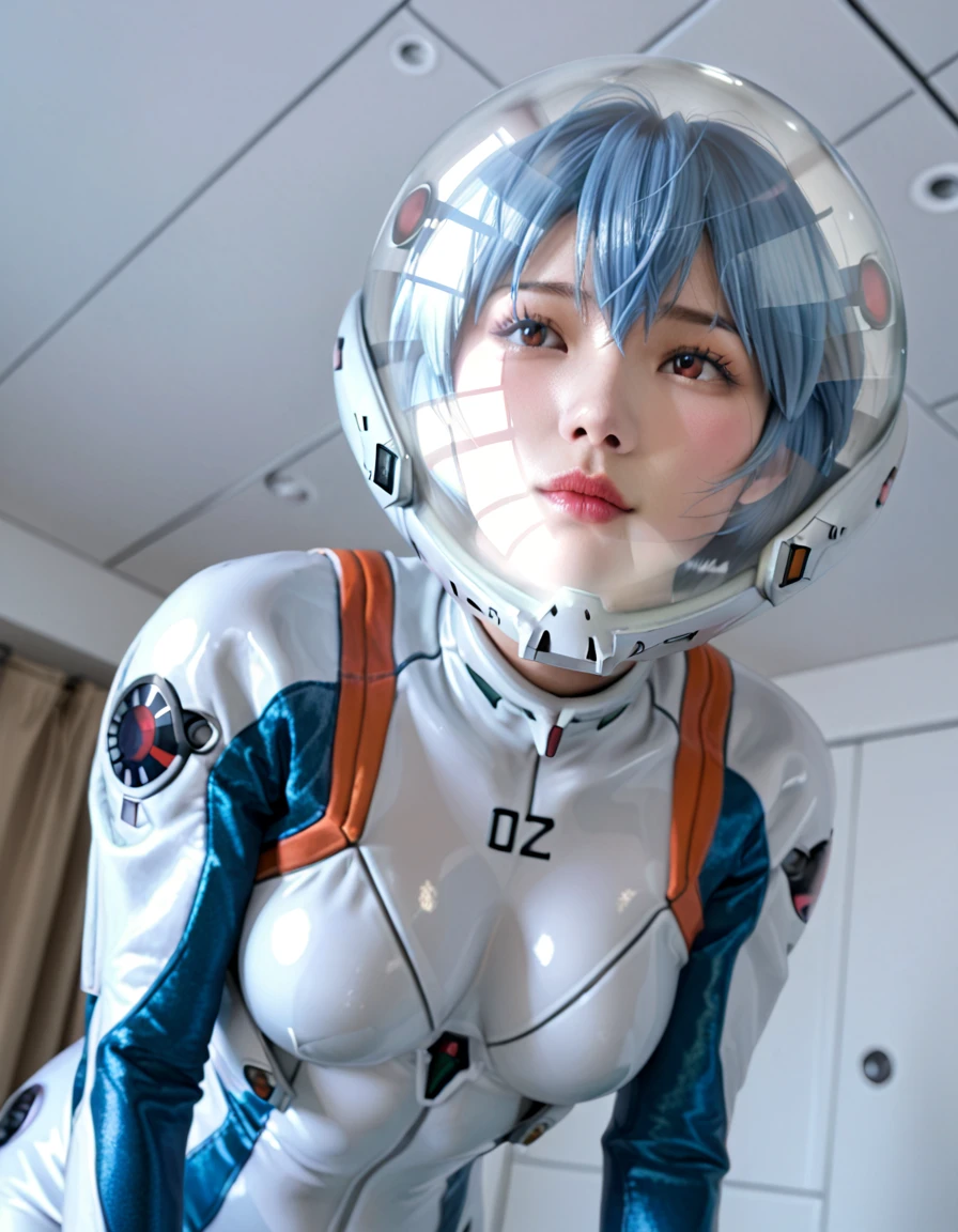(highres, best quality), Rei Ayanami, Beautiful Mixed Pretty Japanese Babe Face. Beautiful Face, Detailed Beautiful Blue eyes, beautiful slim body, (model pose), (full shot:1.5),(front view:1.5), Super Blue Short Hair, rei plugsuit, combine realism and anime influences, sorrow beautiful face, studio photoshoot, Intense Beautiful gaze, modeling pose, shot by hasselblad