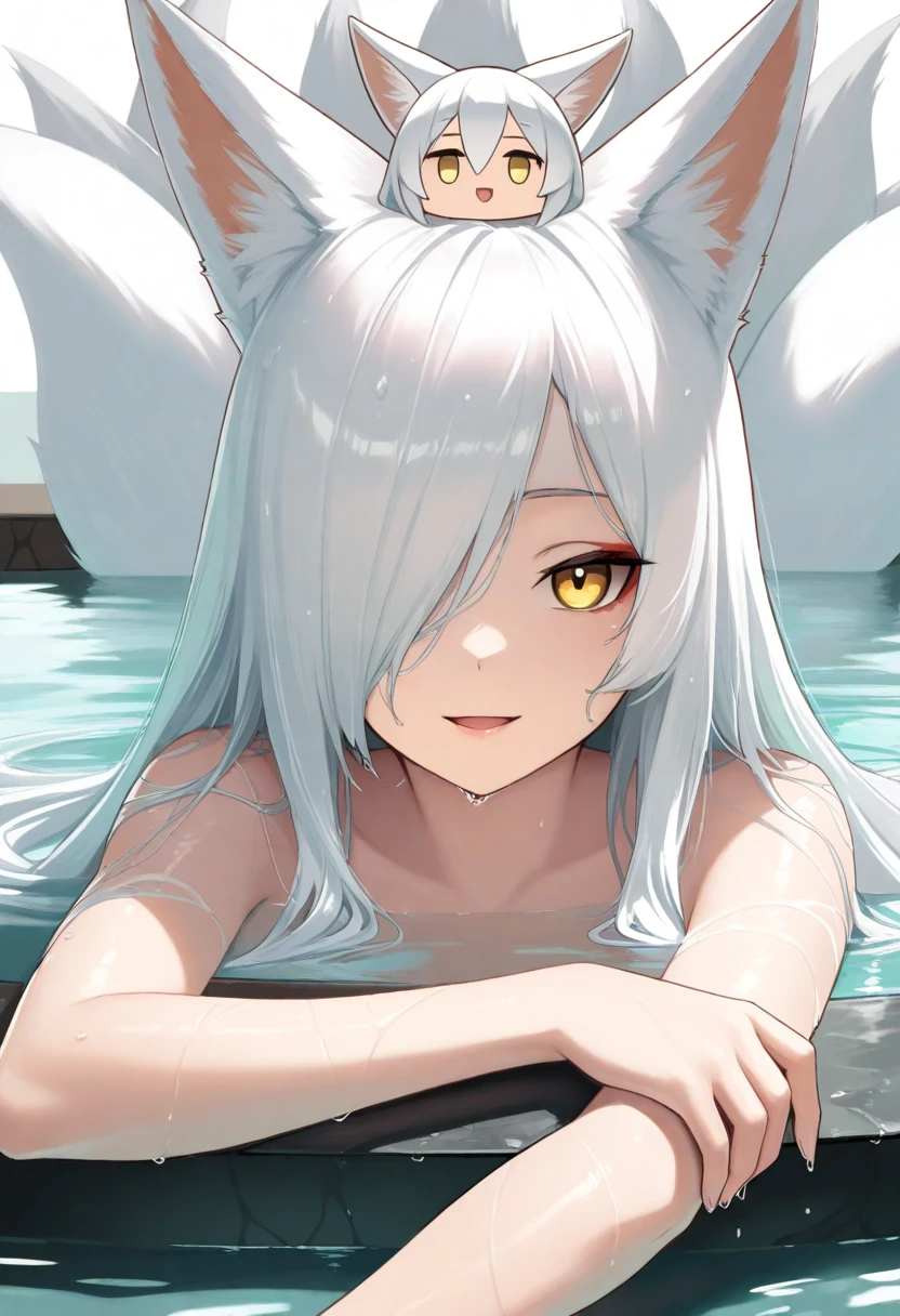 masterpiece, realistic, art by artgerm and greg rutkowski, 1girl, solo, mature female, big breast, white hair, long hair, straight hair, (gold eyes, very detailed eyes, beautiful eyes), (fox girl, long fox ears, fox tail), bikini, bathing, hand covers breast, partially submerged in water, lake, looking back, dark sky, night, starry sky,