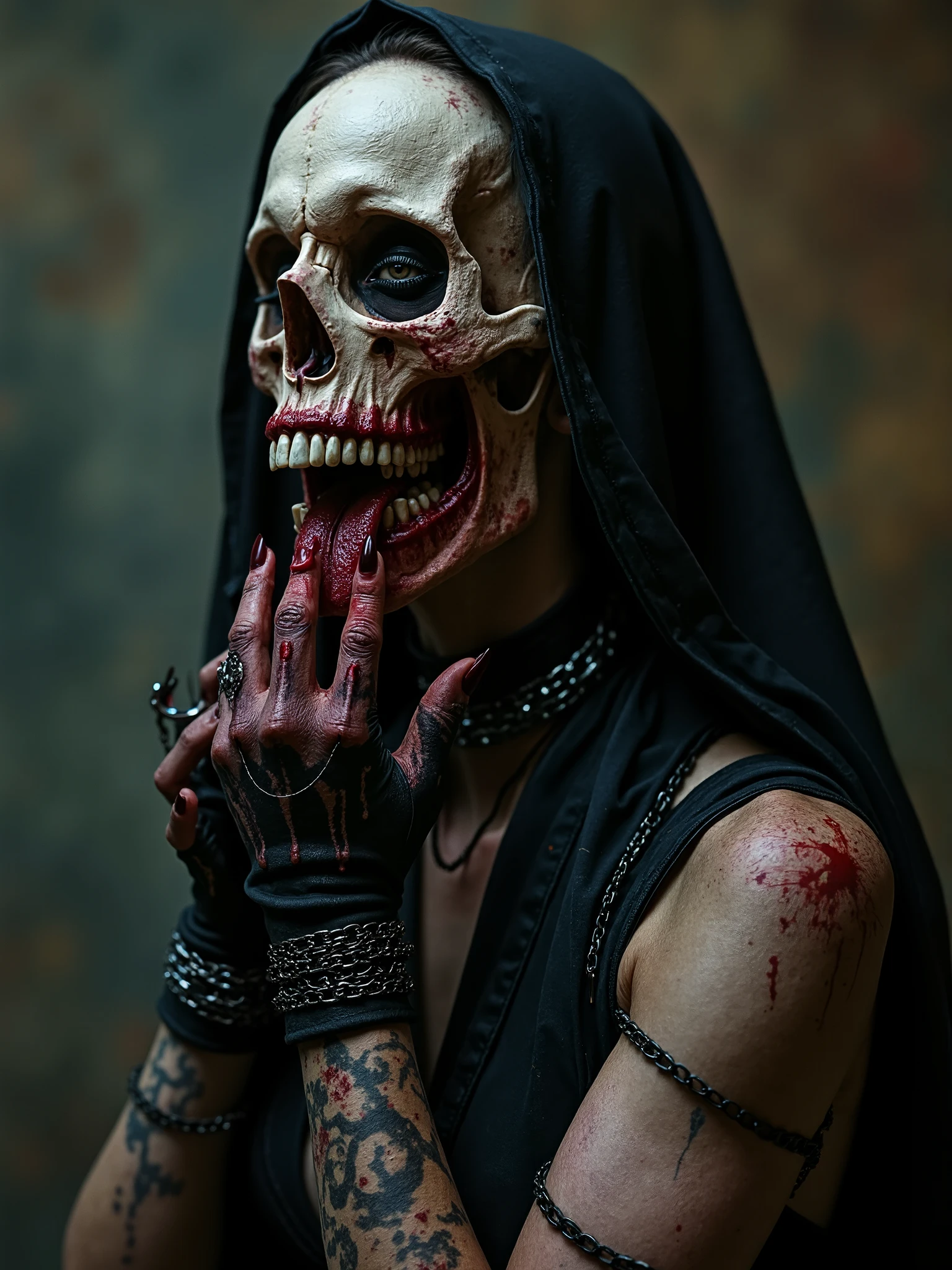 Beautiful Female cosmic necromancer with half rotten face,entity,necromancer warrior queen,skull as a mask,exenomorph tongue and teeth beautiful Lilith dressed seductive and sexy,chain dress black leather,satanic occult ambiance,half nude,spilled with red and black goo,dark makeup,dark surrealism,dark realistic photography, dark occult art,melancholic dark art, surreal dark art,realistic look,bone and metal chains armour, with spikes on the wrists and chain hooks,cosmic background,nude dark art,death and darkness, deformed jaw,
