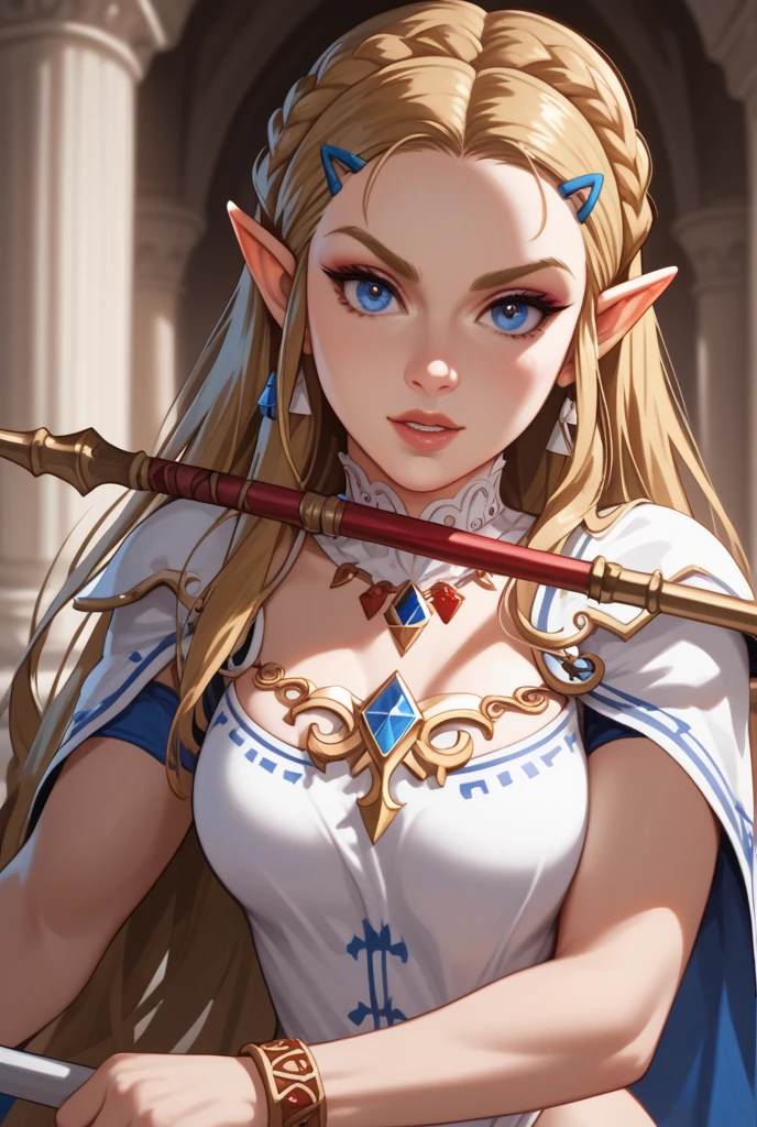 score_9, score_8_up, score_7_up, Amidst a grand royal ball, Princess Zelda from "The Legend of Zelda" series captivates the room with her grace and intelligence. Dressed in a regal gown, she discusses strategies and ancient lore with diplomats, her leadership and wisdom making her a magnetic figure in a realm filled with intrigue.