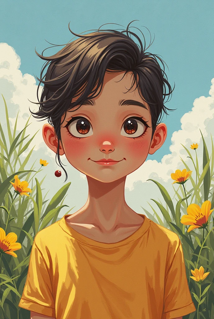 Watercolor painting effect，Men eat watermelon，with short black hair，Wearing a yellow shirt，Has a baby face，Behind it are green plantain leaves，head portrait