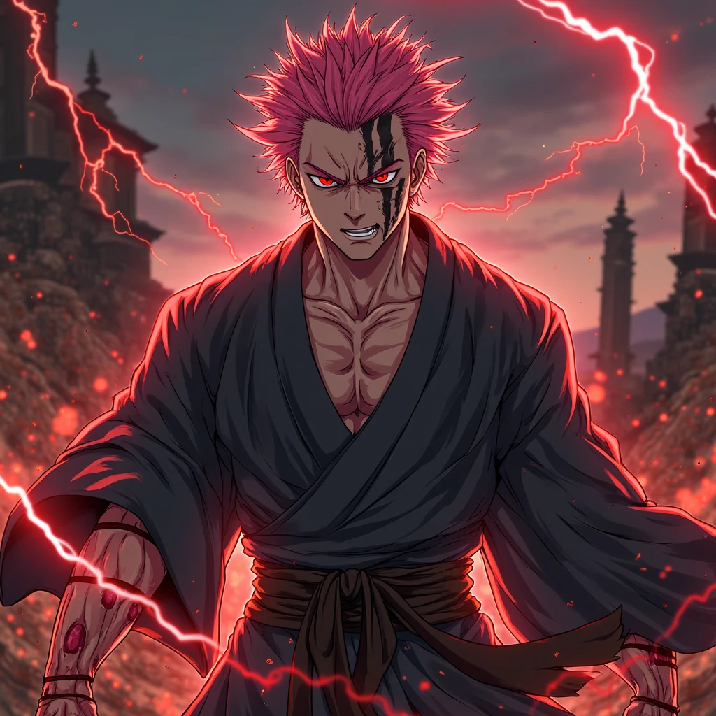 absurdres, highres, ultra detailed, HDR, masterpiece, best quality, Ryomen Sukuna, black hair, expressive red eyes, Jujutsu Kaisen, solo, sexy man, handsome, black scarf, white kimono, red blood water, purple moon, magical, pink hairs, yuji Itadori's body takeover, no watermark, serious, dynamic pose, jujitsu kaisen anime style