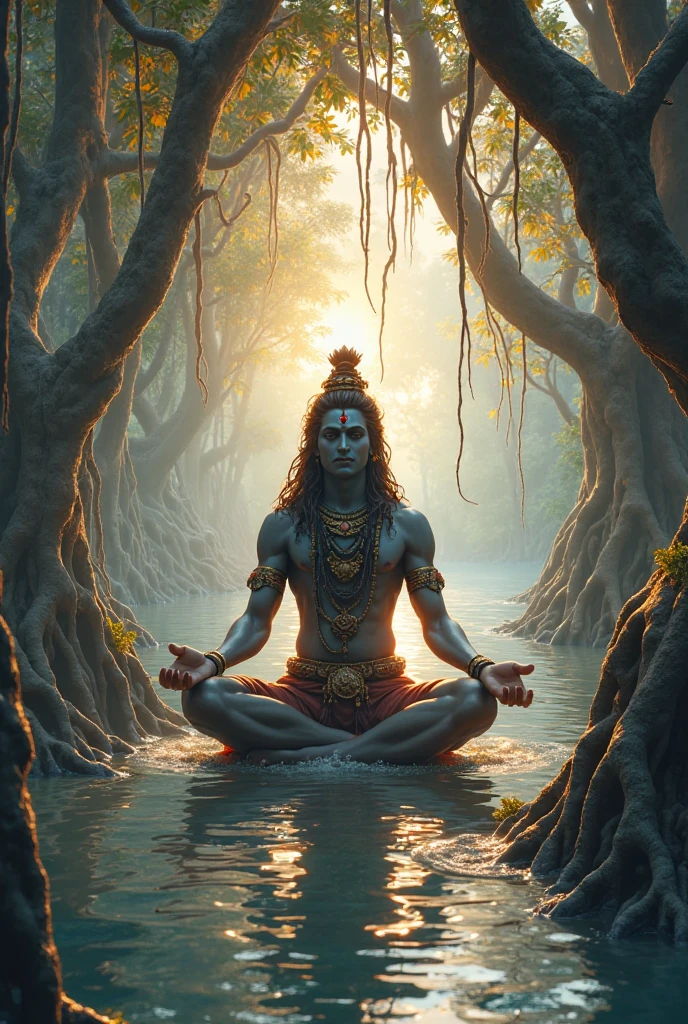 There are many snakes above the tree and Shiva is sitting below