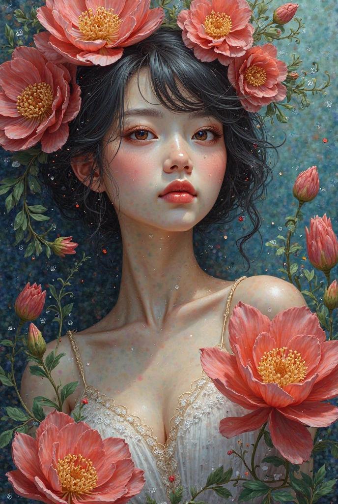 ((Create), (female naked body, fantastic space), (flowers, chrysanthemum lilies, peonies, 1 full-length solo girl, beautiful breasts), (girl, bare shoulders, (ecchi0.5), lips, splash of water, (Flowers:0.6), (birds:0.2), (bamboo0.1), (lakes), (very beautiful, naked girl, full growth, relaxed pose, slight turn of the body, facing the viewer, small breasts), (clear chiaroscuro , soft warm shadows, contrasting cold light)). ((Background - fantastic space, flower garden, graphic clear line, stylized - graphic, (lily flowers, peonies, chrysanthemums), (color fill, clear graphicodern style modern, very beautiful young girl)).((High quality, masterpiece))
