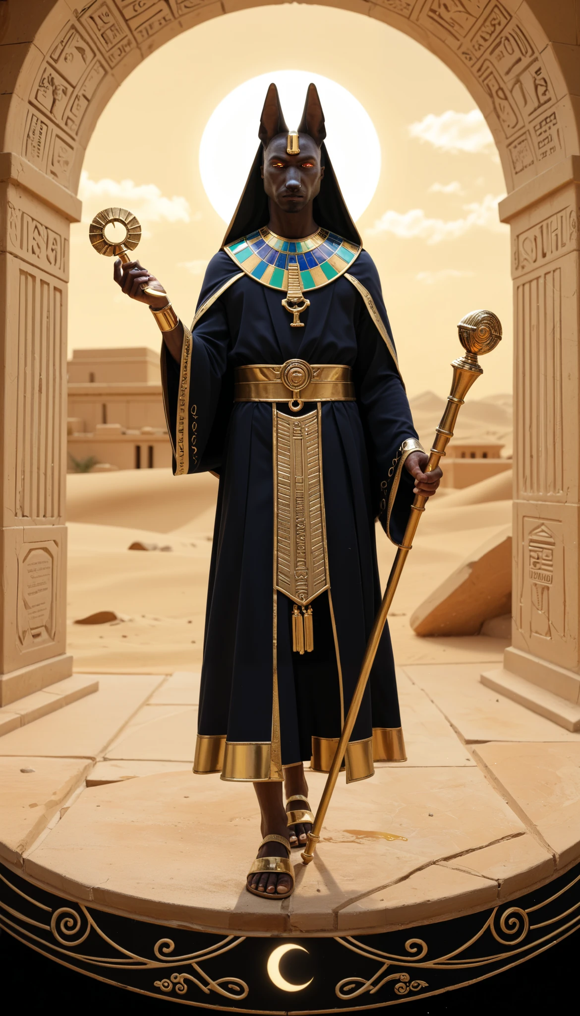 Tarot Card: Death – Anubis, Guardian of Transformation Anubis, the Egyptian god of the afterlife, stands tall, his jackal eyes glowing with divine wisdom. Cloaked in dark robes, he holds the Was scepter in one hand and the Ankh in the other—symbols of endings and rebirth. Behind him, an ancient temple crumbles, its ruins swept away by a swirling desert storm, while new structures rise in the distance, bathed in golden light. Above, a solar eclipse casts an ominous glow, marking the shift between death and transformation. A lone figure kneels before Anubis, shedding their past like a tattered cloak, emerging renewed. The winds whisper of change—an ending, yet also a beginning. Oil-painted in rich, textured strokes, this card captures the power of destruction, transition, and rebirth.