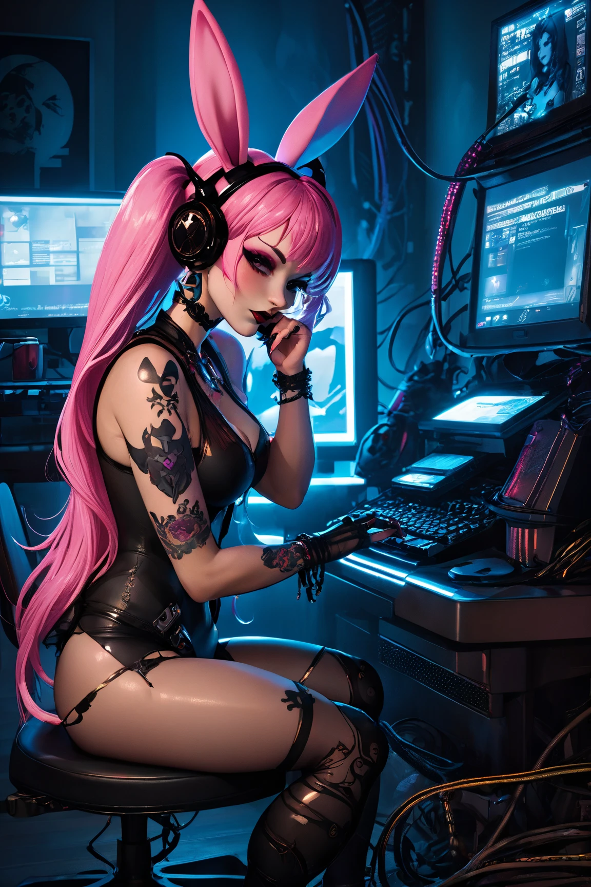 <lora:detail_slider_v4:1> ,<lora:gaming_girl_v2:0.5>, <lora:weight_slider_v2:-1>, (sexy, pornographic:1.2), (dynamic angle:1.1),
(best quality, masterpiece, colorful, dynamic angle, highest detailed) waist up shot, girl with neon pink bobbed hair, (VR headset:1.2), intense concentration, gaming chair, holographic tattoos, (intricate details, hyperdetailed:1.15), sparkling earrings, (official art, extreme detailed, highest detailed), <lora:Squeezer2:0.2>